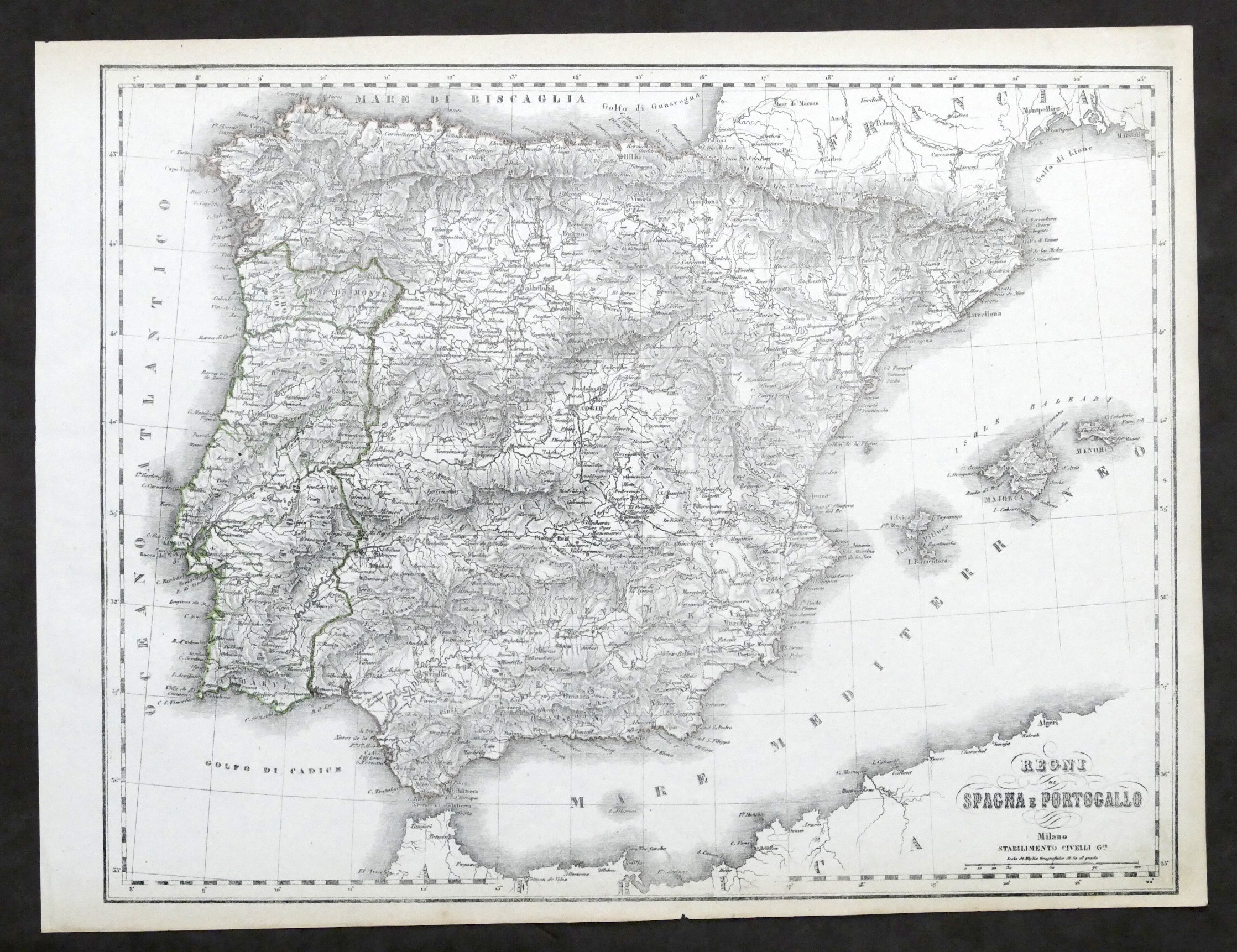 Carta geografica - Regni Spagna e Portogallo - Stabilimento Civelli …