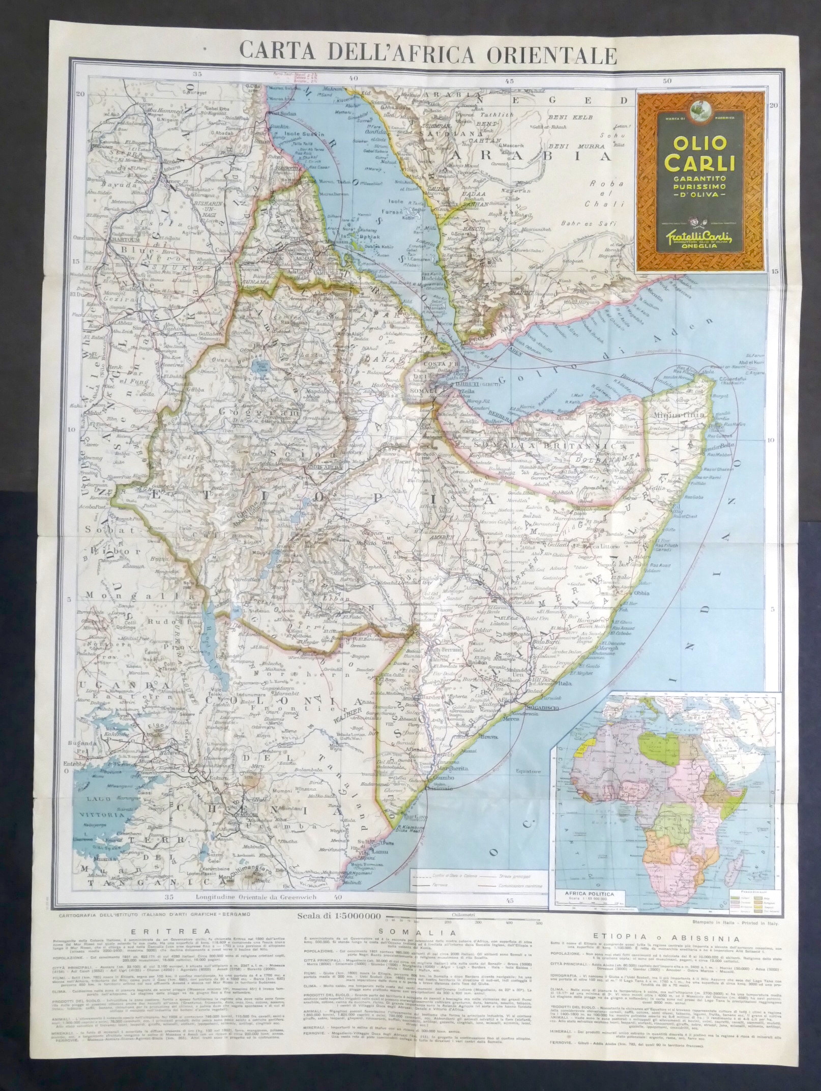 Carta geografica Africa Orientale - Pubblicità Olio Carli - 1935