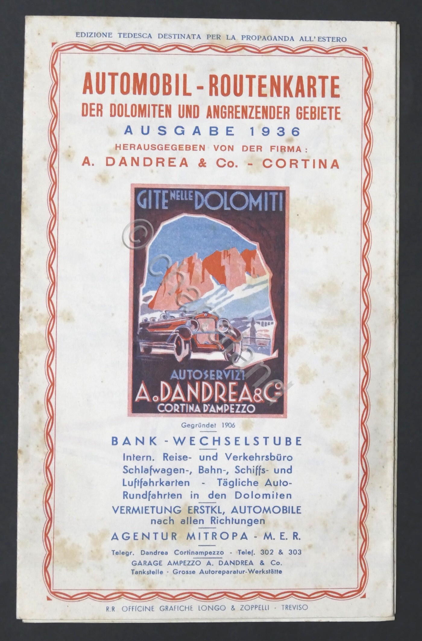 Carta stradale automobilistica Dolomiti Automobil Routenkarte der Dolomiten 1936
