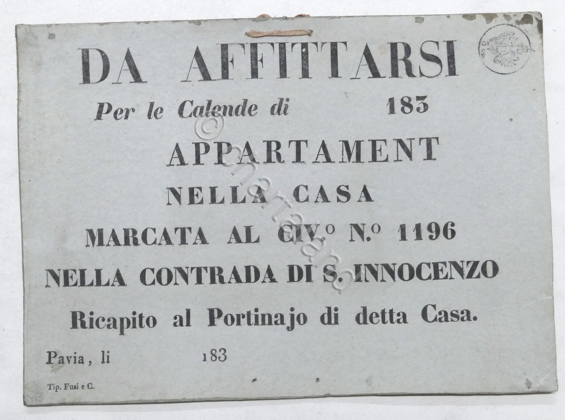 Cartello d'epoca affittasi appartamento - Contrada S. innocenzo (Pavia) 1830 …
