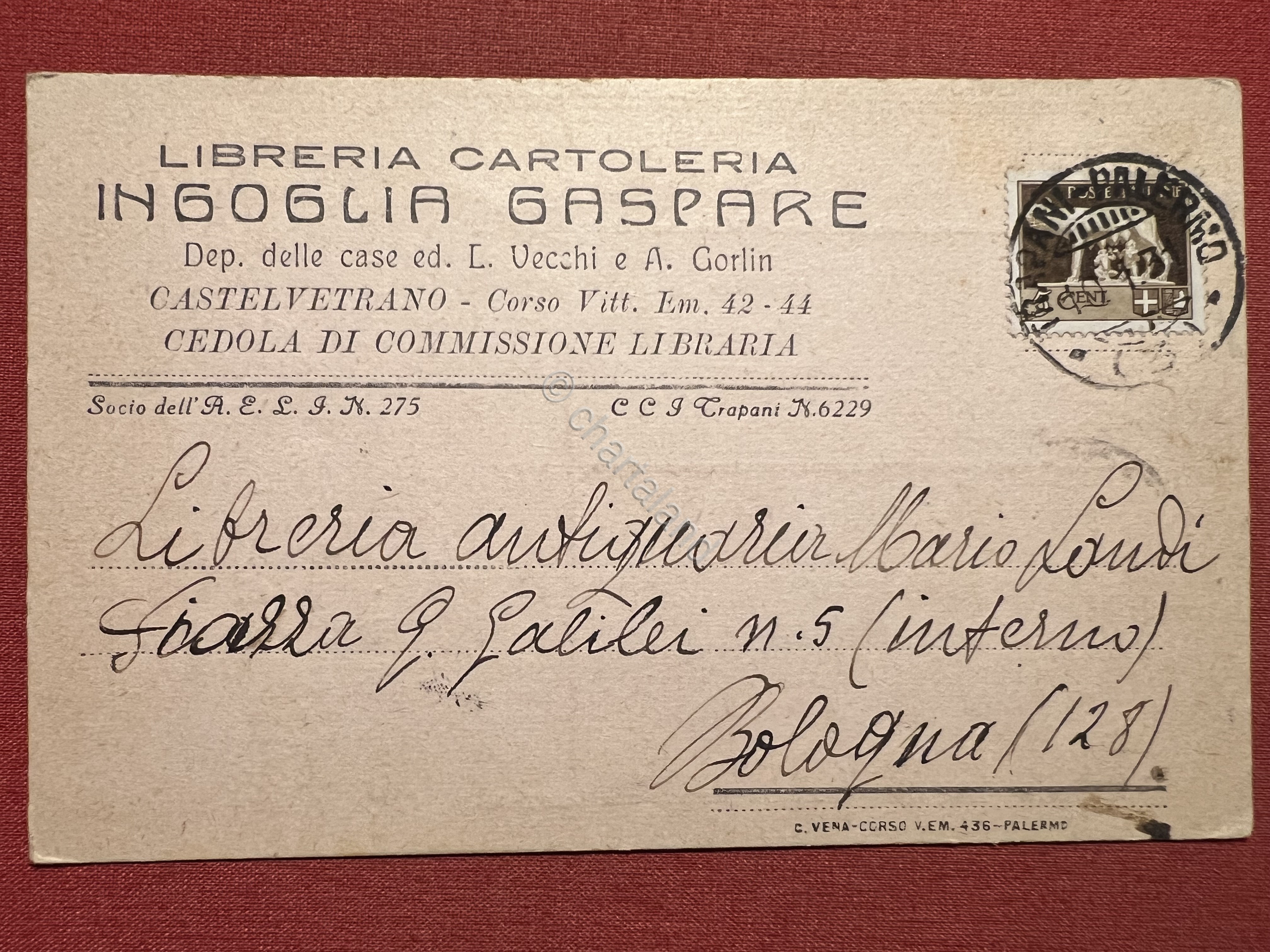 Cartolina - Libreria Cartoleria Ingoglia Gaspare - Castelvetrano - 1931
