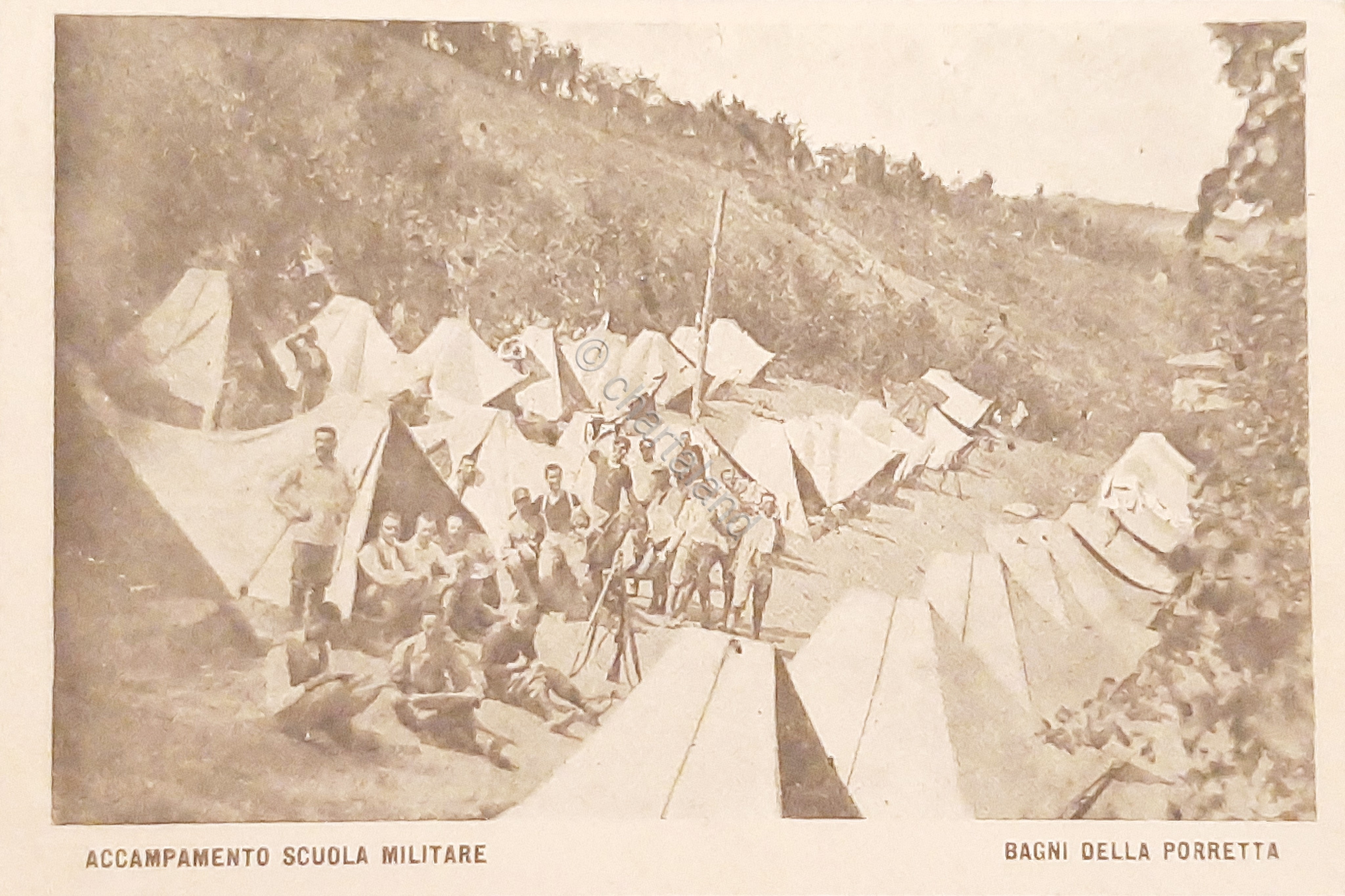 Cartolina Accampamento scuola Militare - Bagni della Porretta - 1915