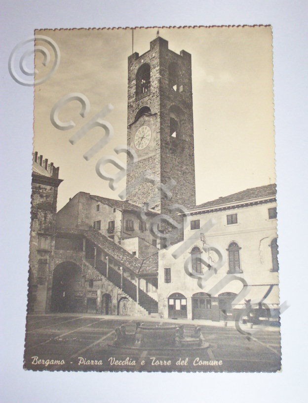 Cartolina Bergamo - Piazza Vecchia e Torre Comune 1940.