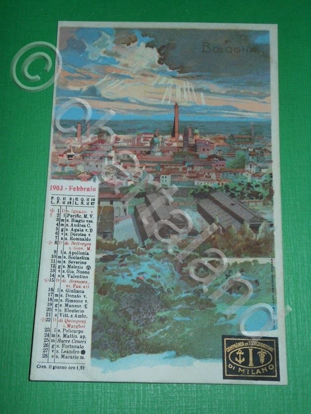 Cartolina Calendario febb. 1903 Bologna - Panorama - Assicurazioni Milano.