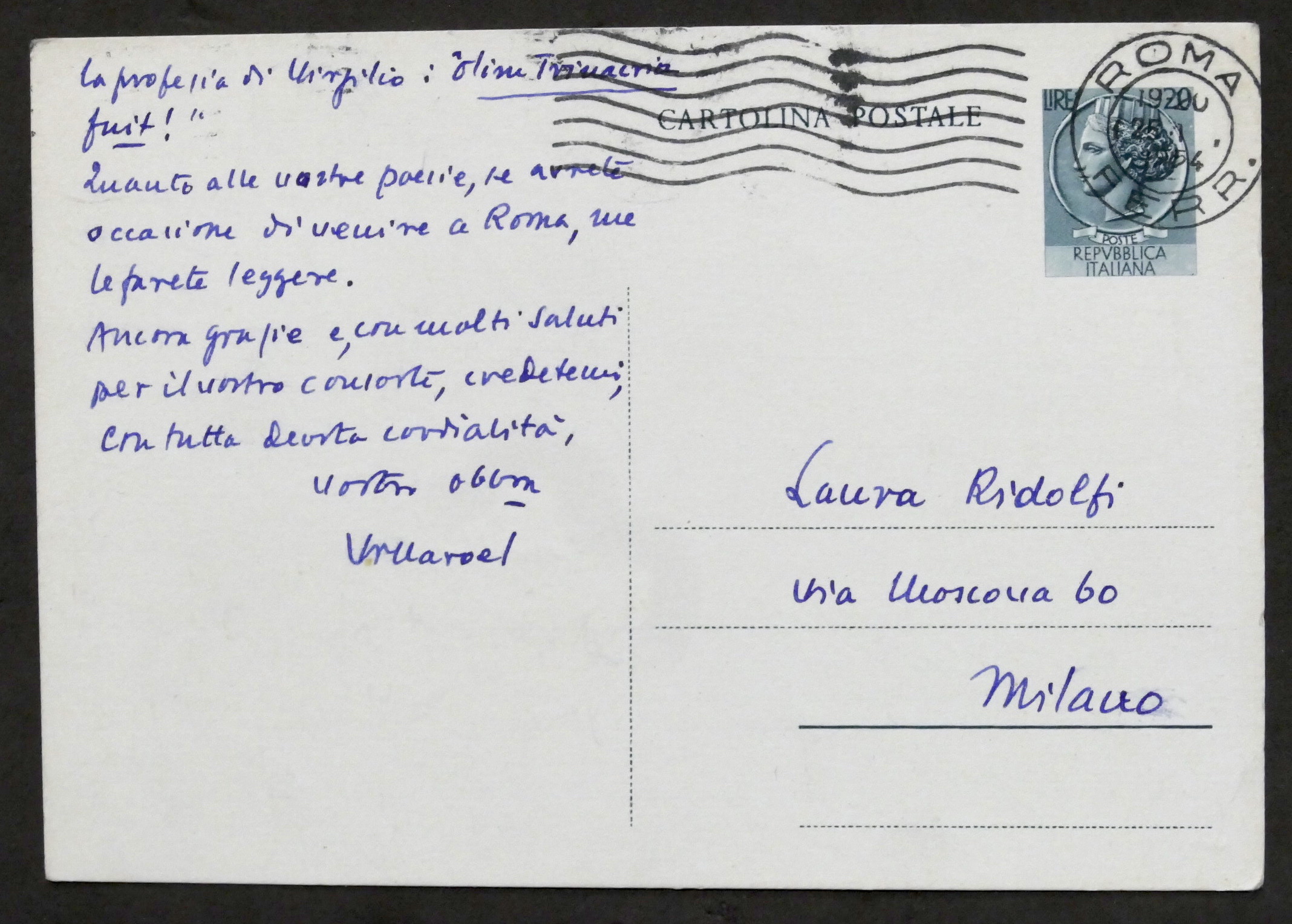 Cartolina con autografo del poeta e scrittore Giuseppe Villaroel - …
