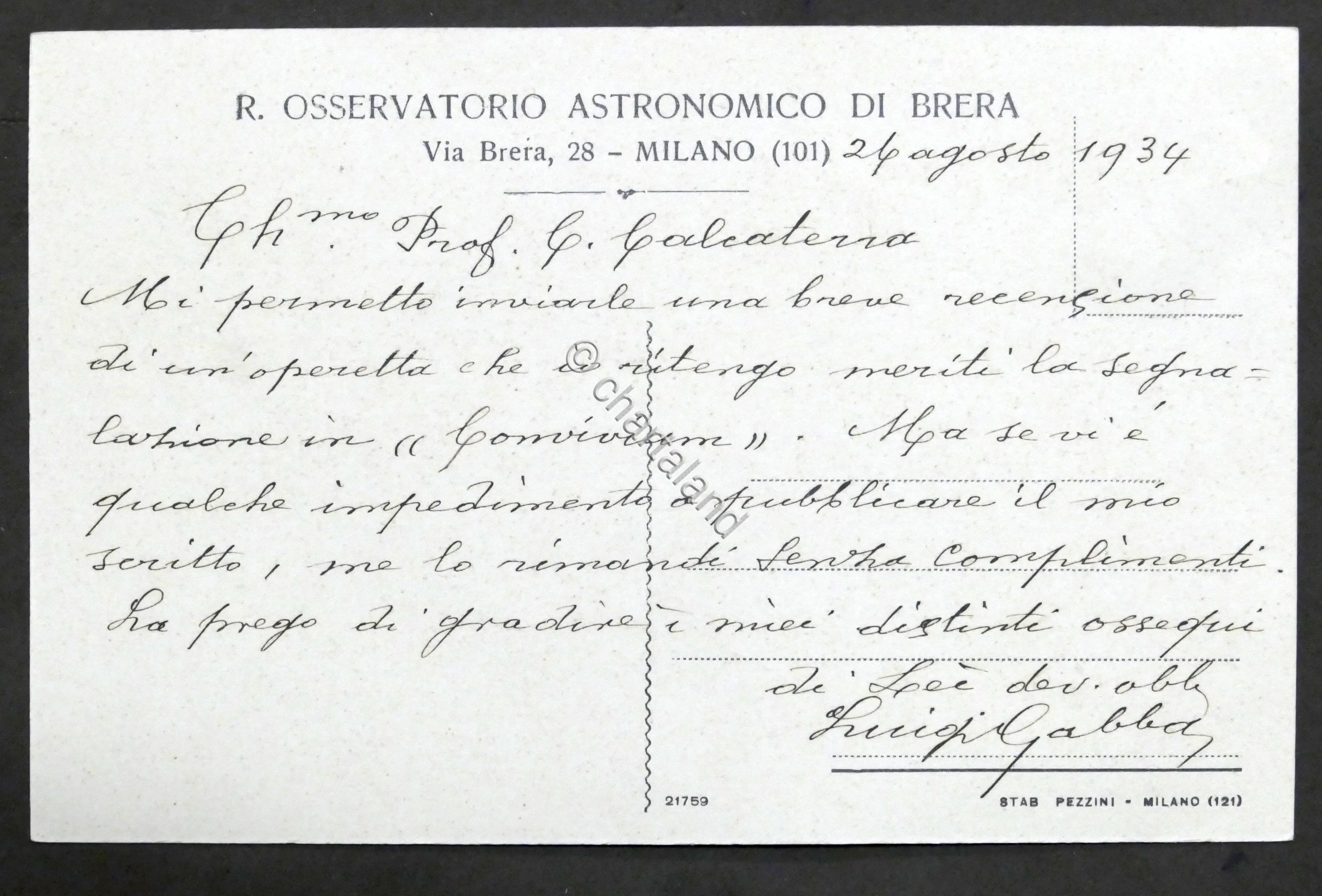 Cartolina con autografo dell'astronomo Luigi Gabba - 1934