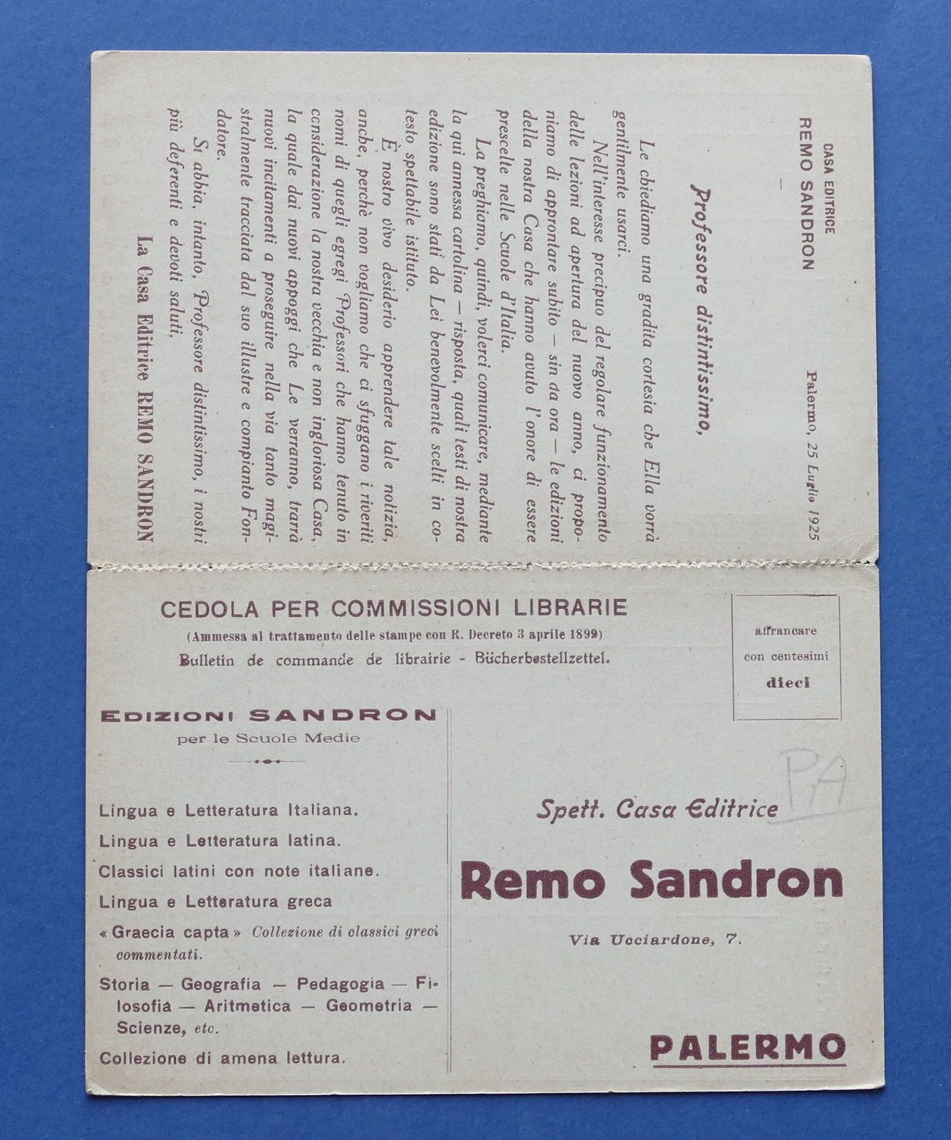 Cartolina doppia Pubblicitaria - Casa Editrice Remo Sandron - Palermo …