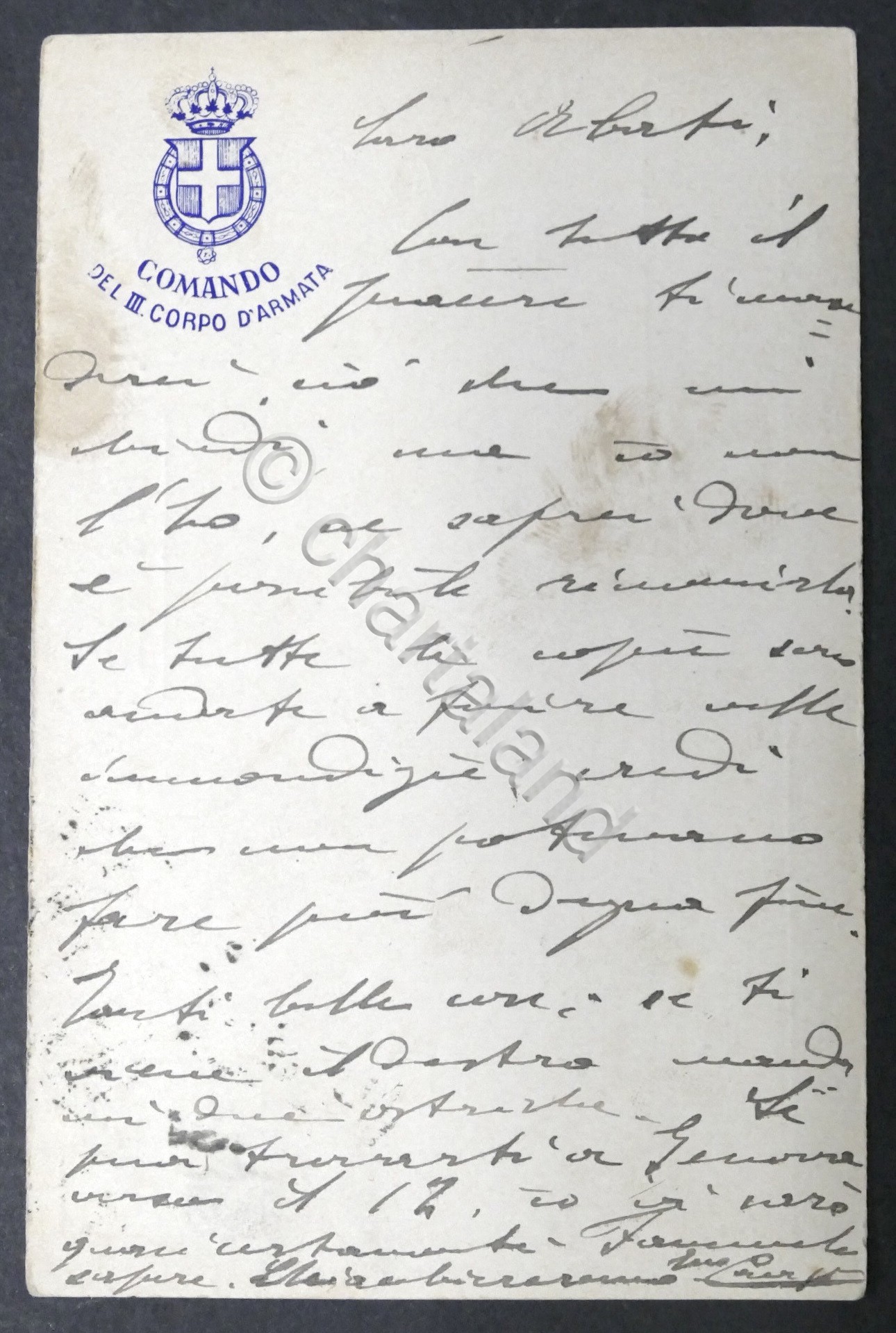 Cartolina postale con autografo del Generale Enrico Caviglia - 1899