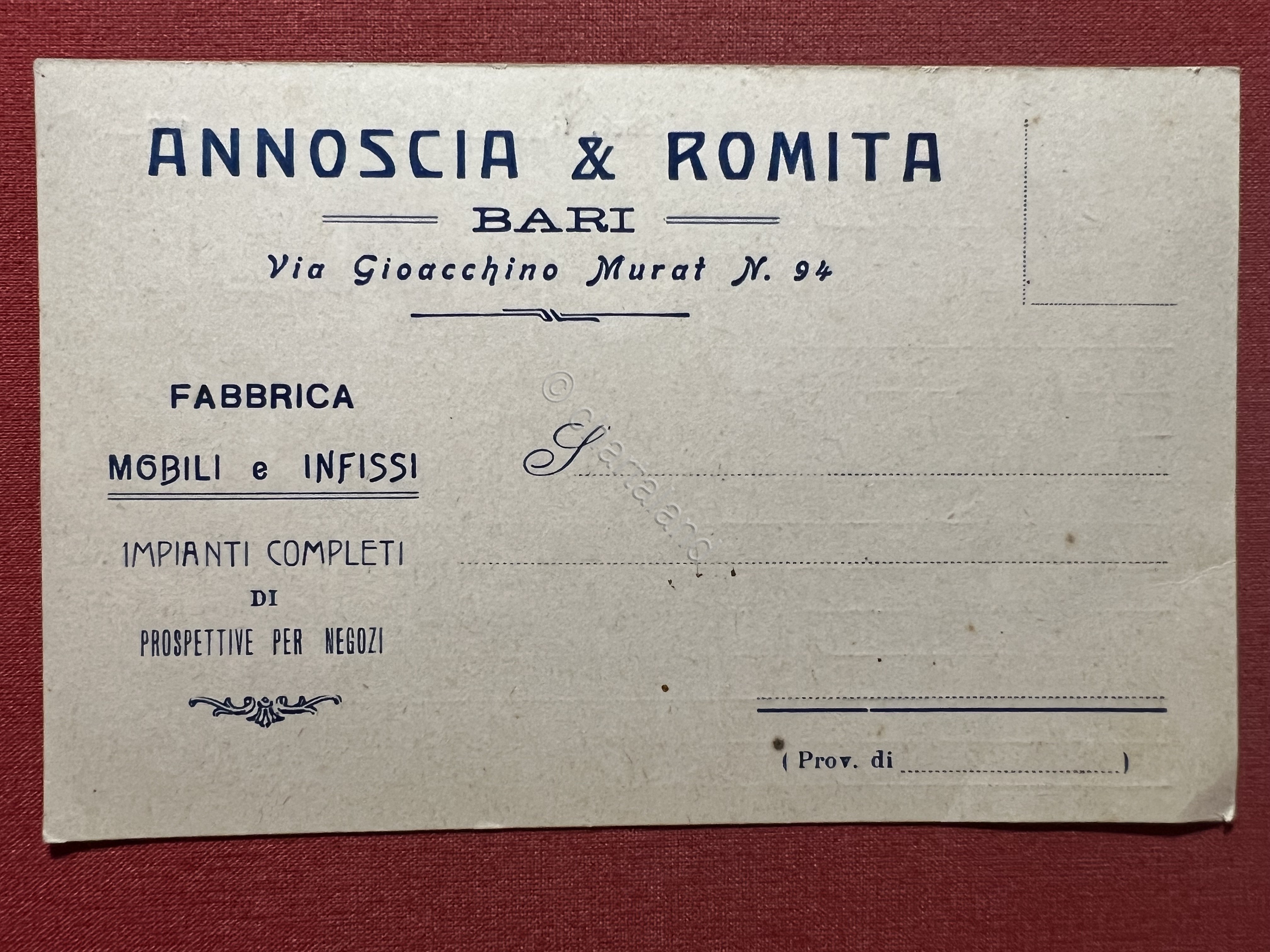 Cartolina Pubblicità - Annoscia & Romita, Bari - Fabbrica Mobili …