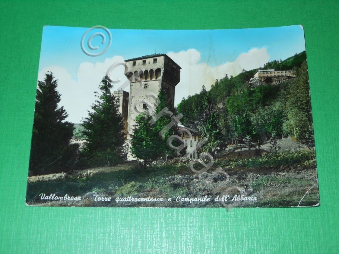 Cartolina Vallombrosa -Torre quattrocentesca e Campanile dell' Abbazia 1955 ca.