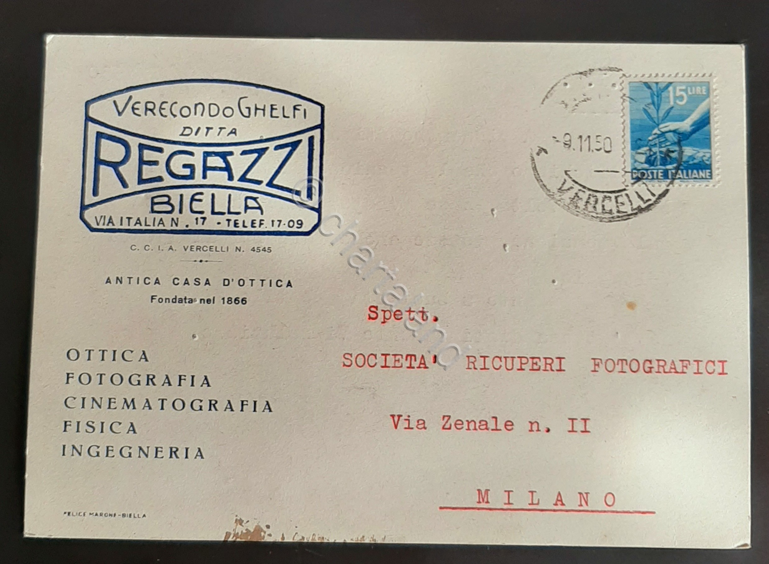 Cartolina Verecondo Ghelfi - Regazzi - Biella - 1950