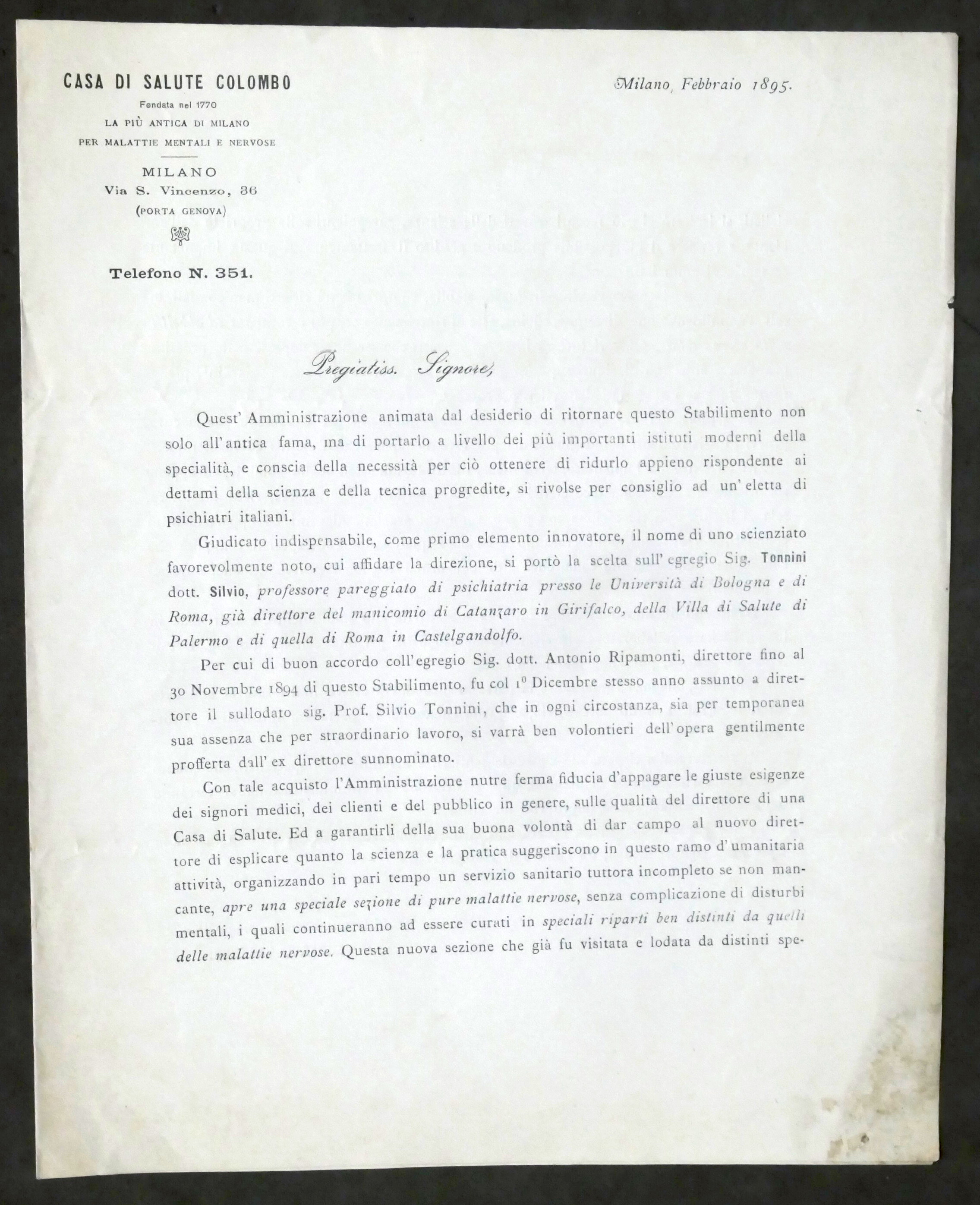 Casa di Salute Colombo per malattie mentali - Milano - …