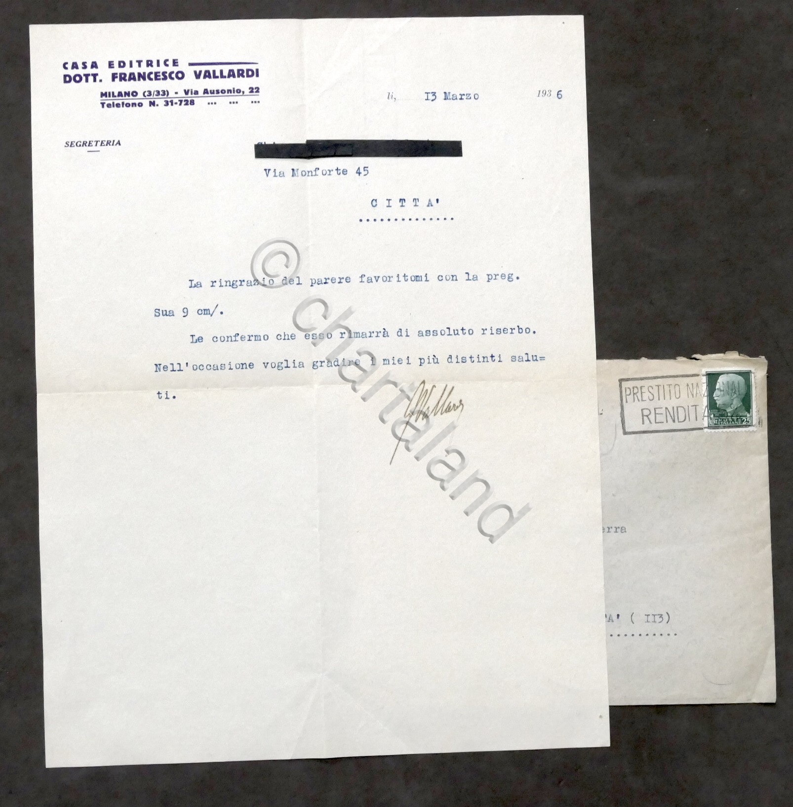 Casa Editrice Francesco Vallardi - marzo 1936 - Autografo G. …