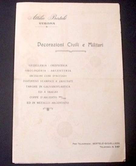 Catalogo brochure A. Bertelè - Verona - Decorazioni civili militari …
