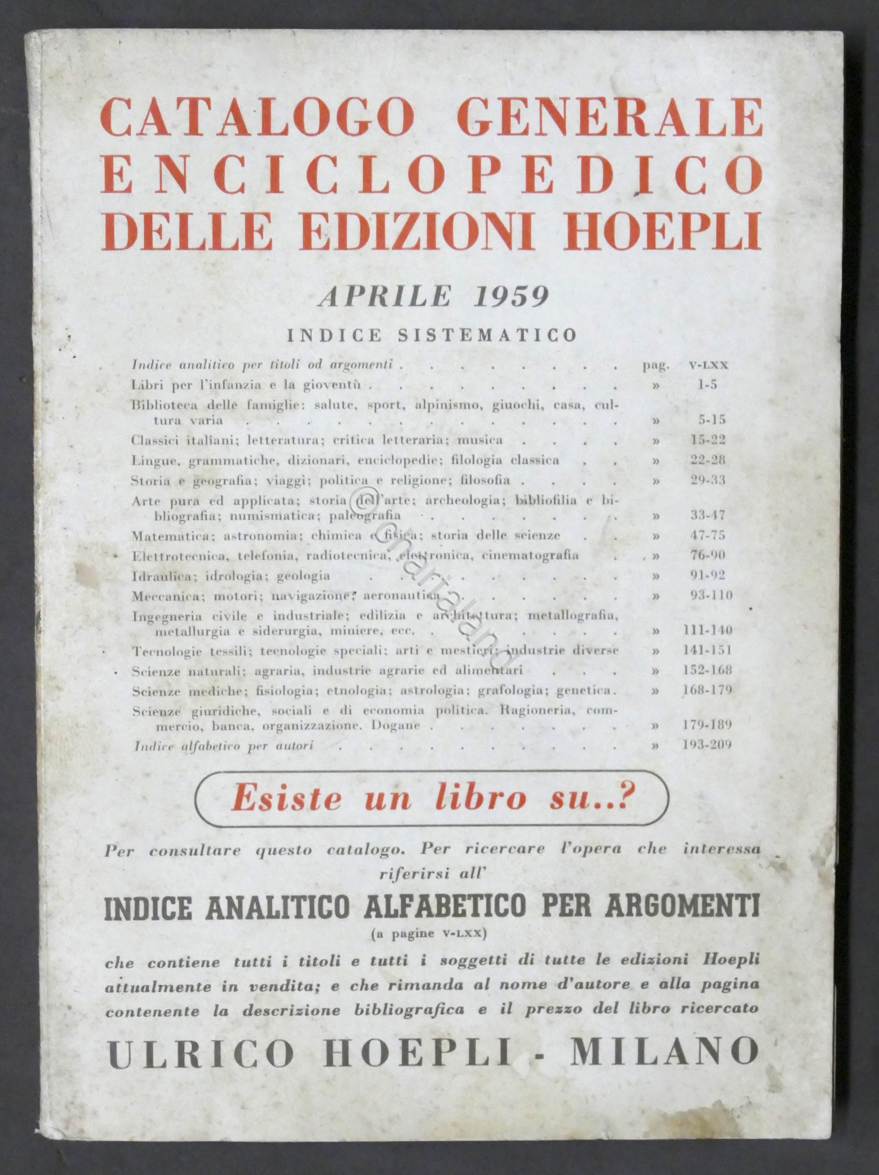 Catalogo generale enciclopedico delle Edizioni Hoepli - Aprile 1959