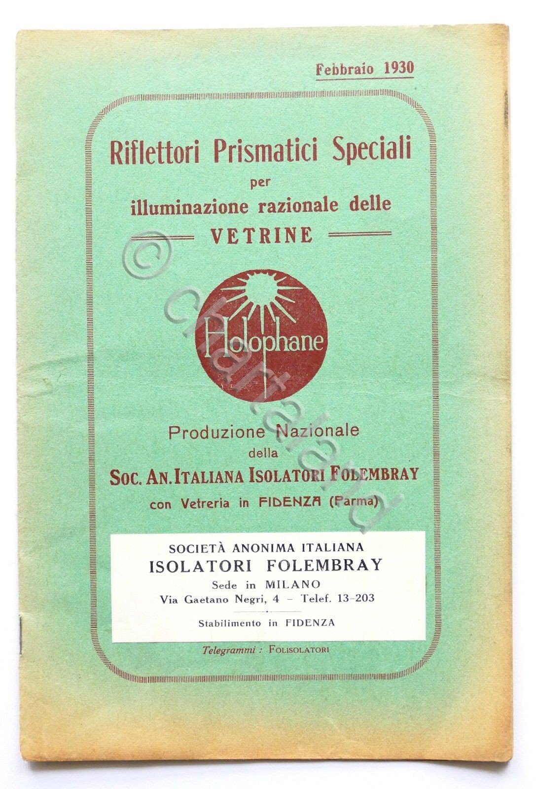 Catalogo illustrato Holophane - Riflettori prismatici speciali per vetrine 1930