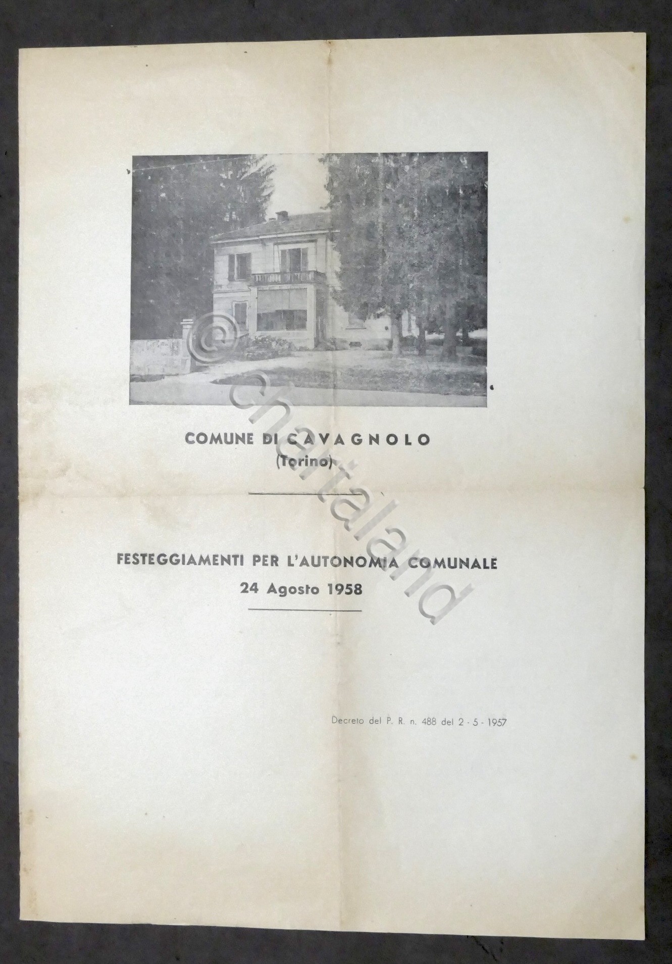 Cavagnolo (Torino) - Festeggiamenti per l'autonomia comunale 1958 - Programma