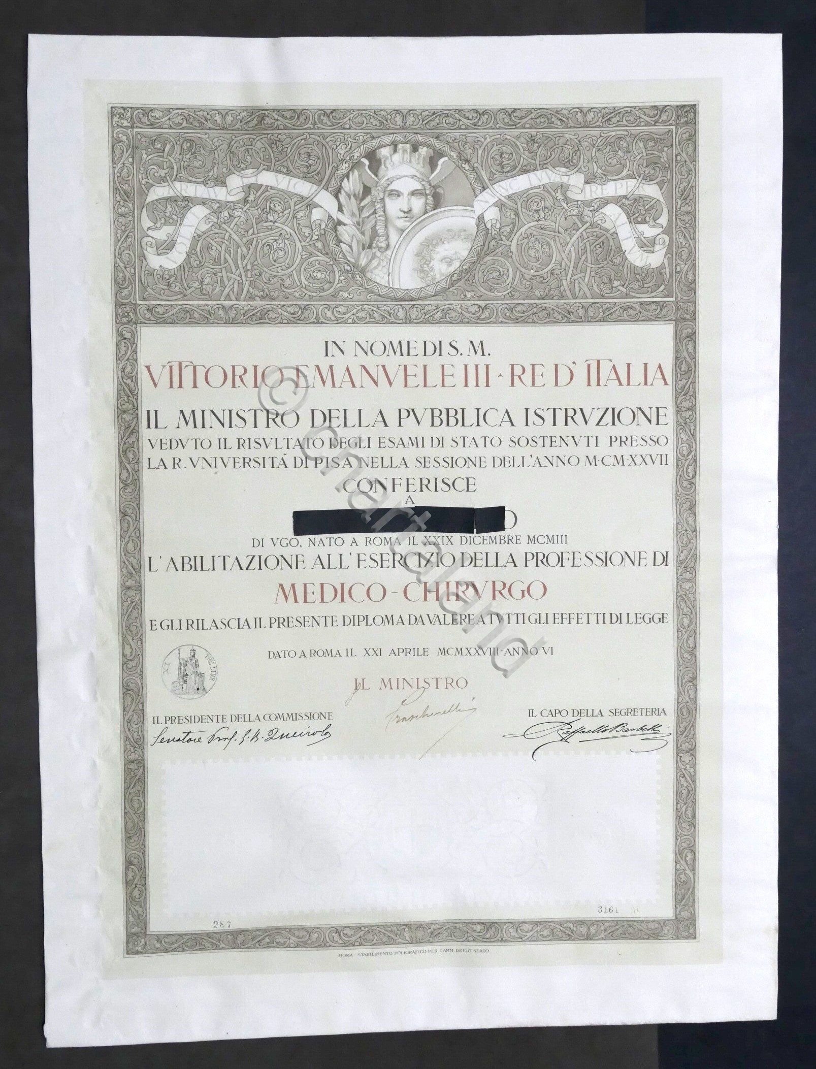 Certificato abilitazione esercizio della professione di Medico Chirurgo - 1928