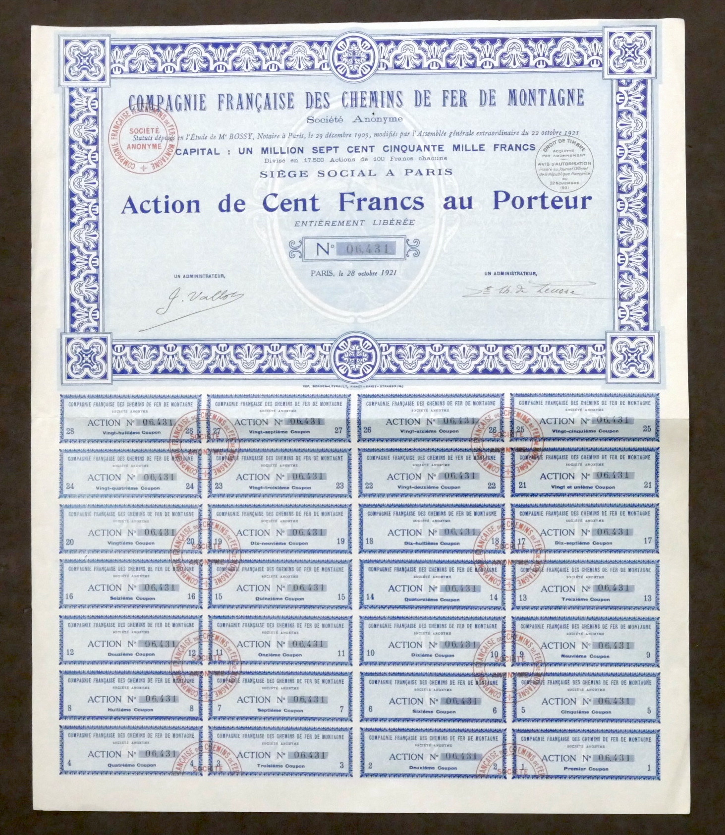 Certificato Azionario - Compagnie Francaise des Chemins de Fer de …