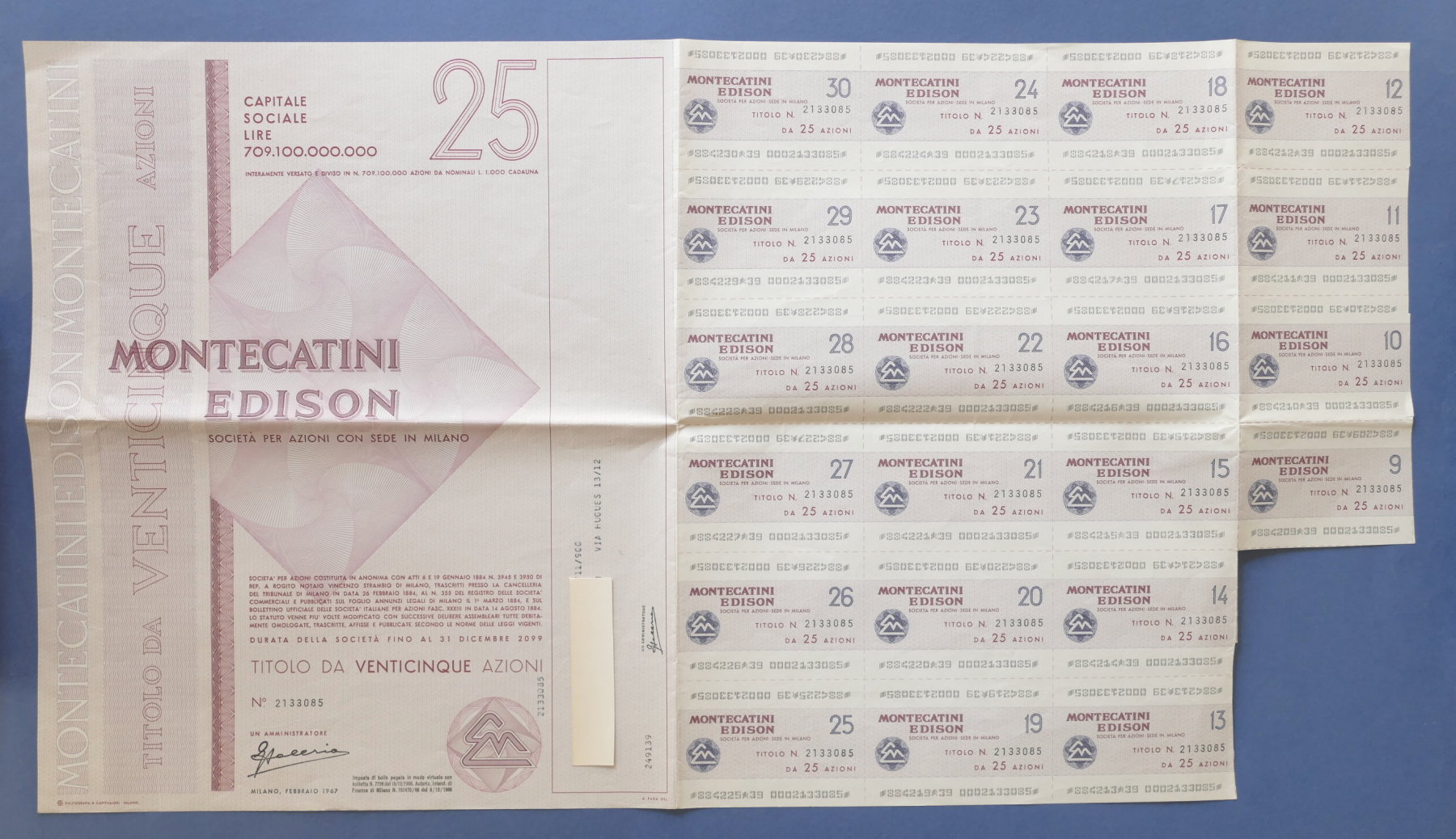 Certificato Azionario 25 Azioni Società Montecatini Edison - con cedole …