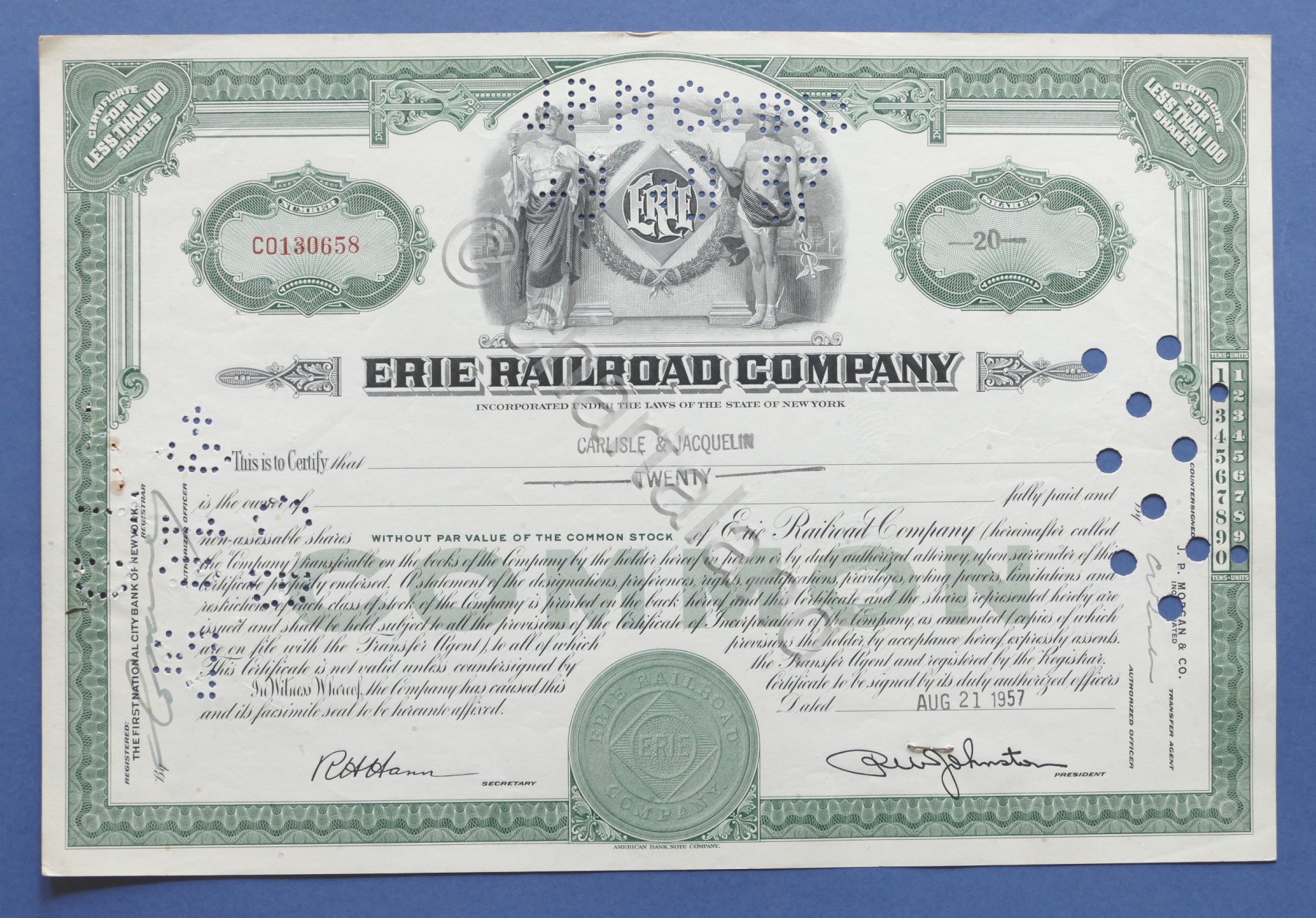 Certificato Azionario Erie Railroad Company - 20 $ - 1957