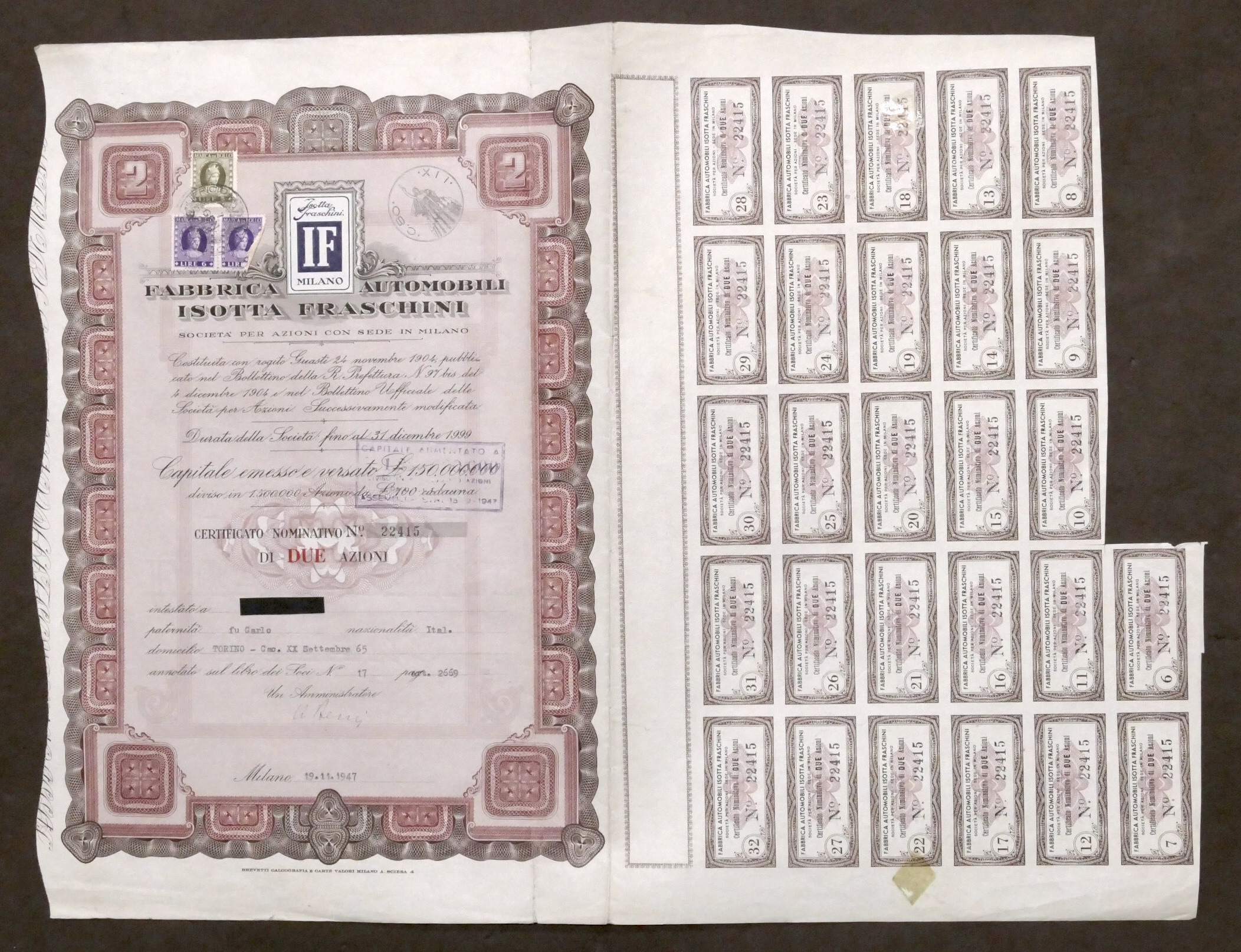 Certificato Azionario Fabbrica Automobili Isotta Fraschini - Due Azioni - …