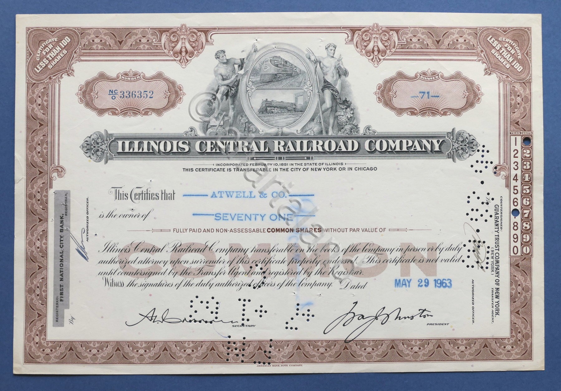 Certificato Azionario Illinois Central Railroad Company - 71 $ - …