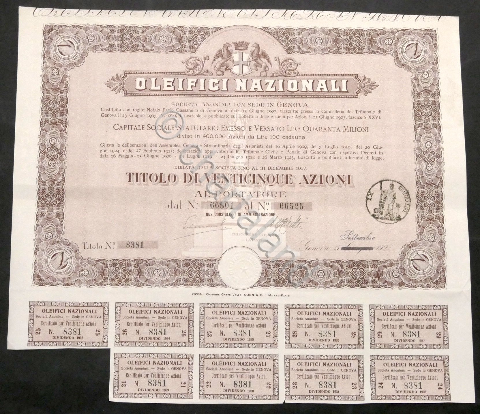 Certificato Azionario Società Oleifici Nazionali - Genova - 25 Azioni …