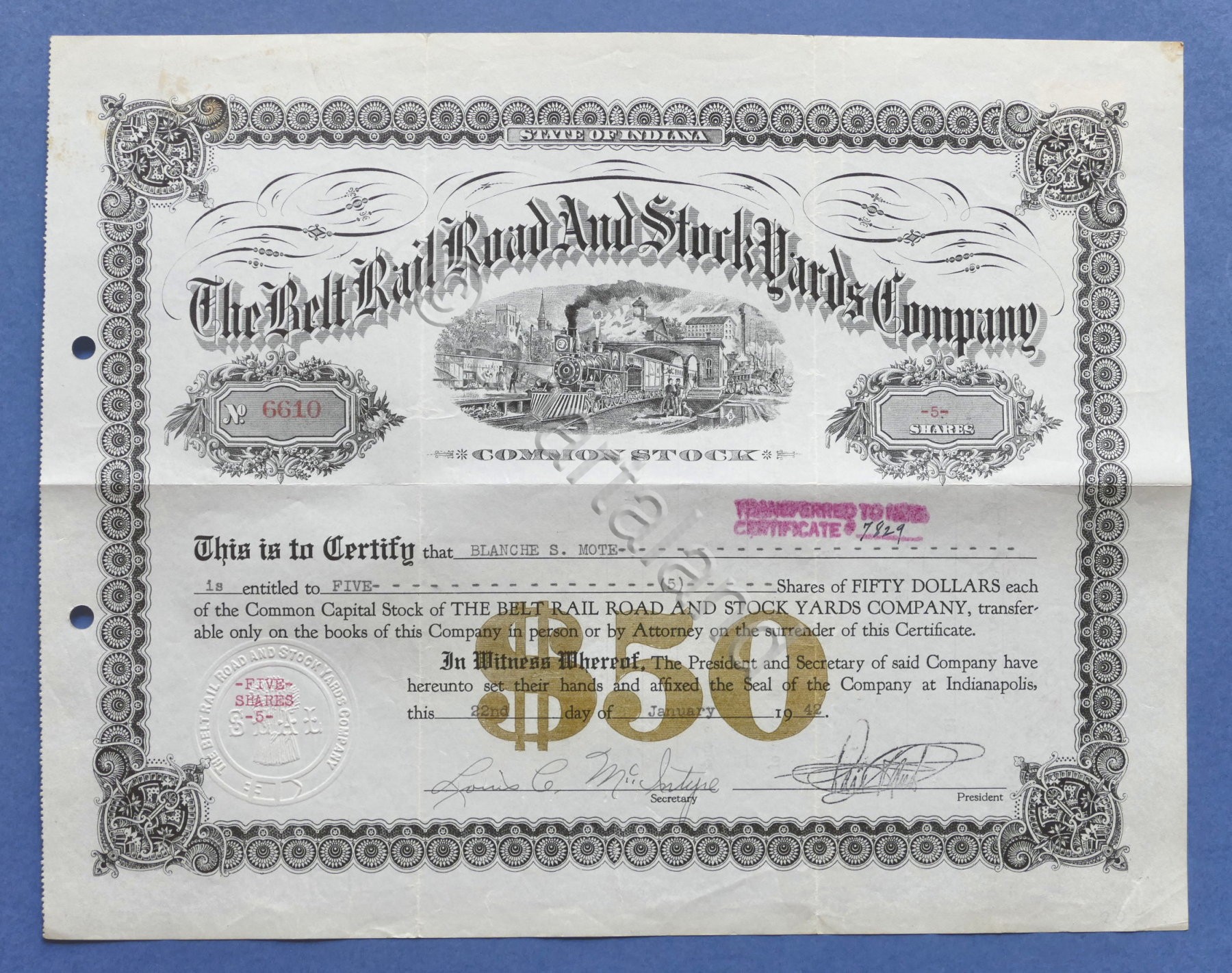 Certificato Azionario The Belt Rail and Stock Yards Company - …