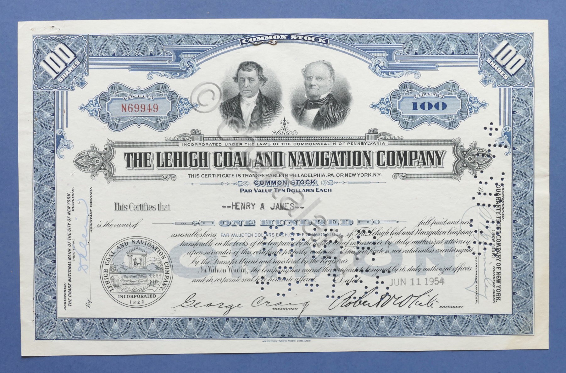 Certificato Azionario The Lehigh Coal and Navigation Company - 100 …