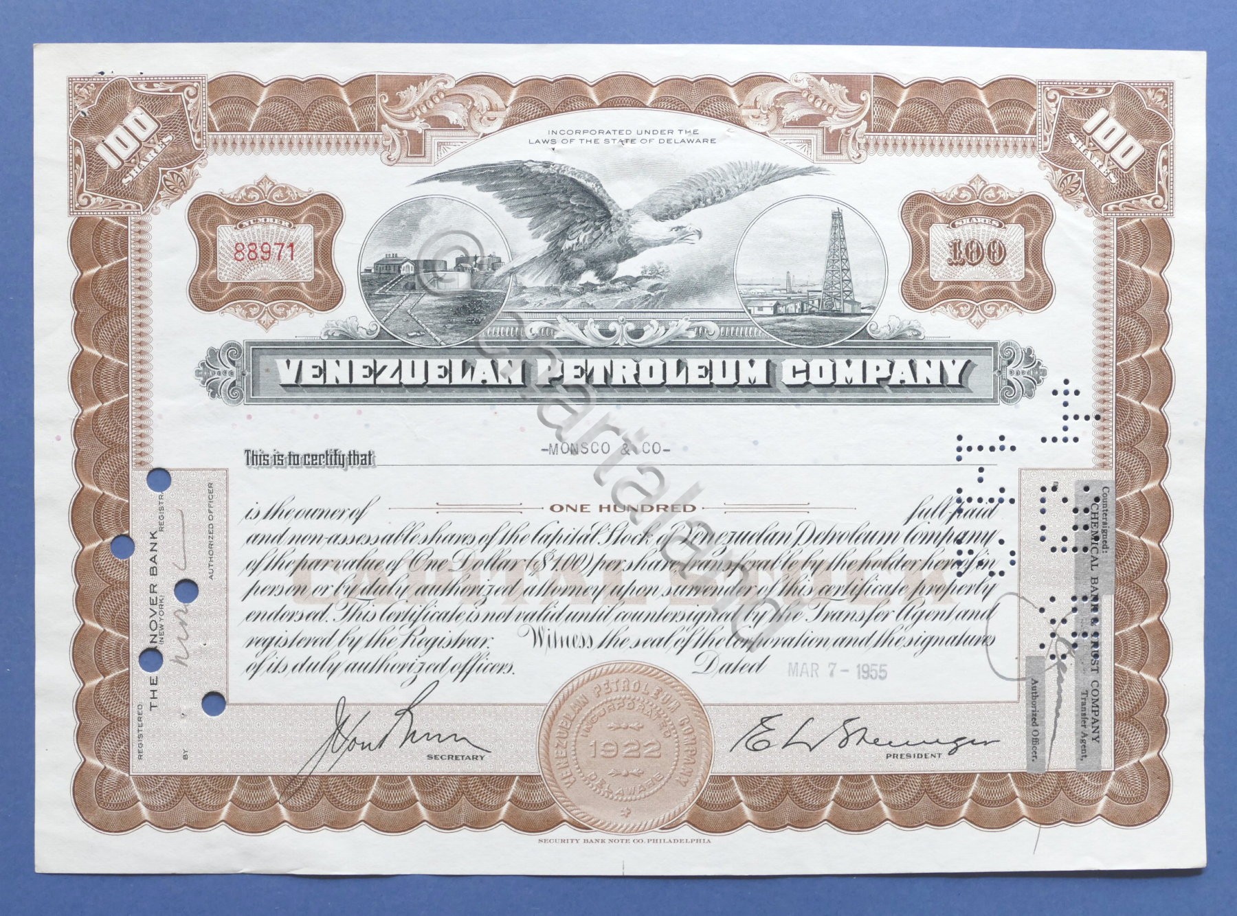Certificato Azionario Venezuelan Petroleum Company - 100 $ - 1955
