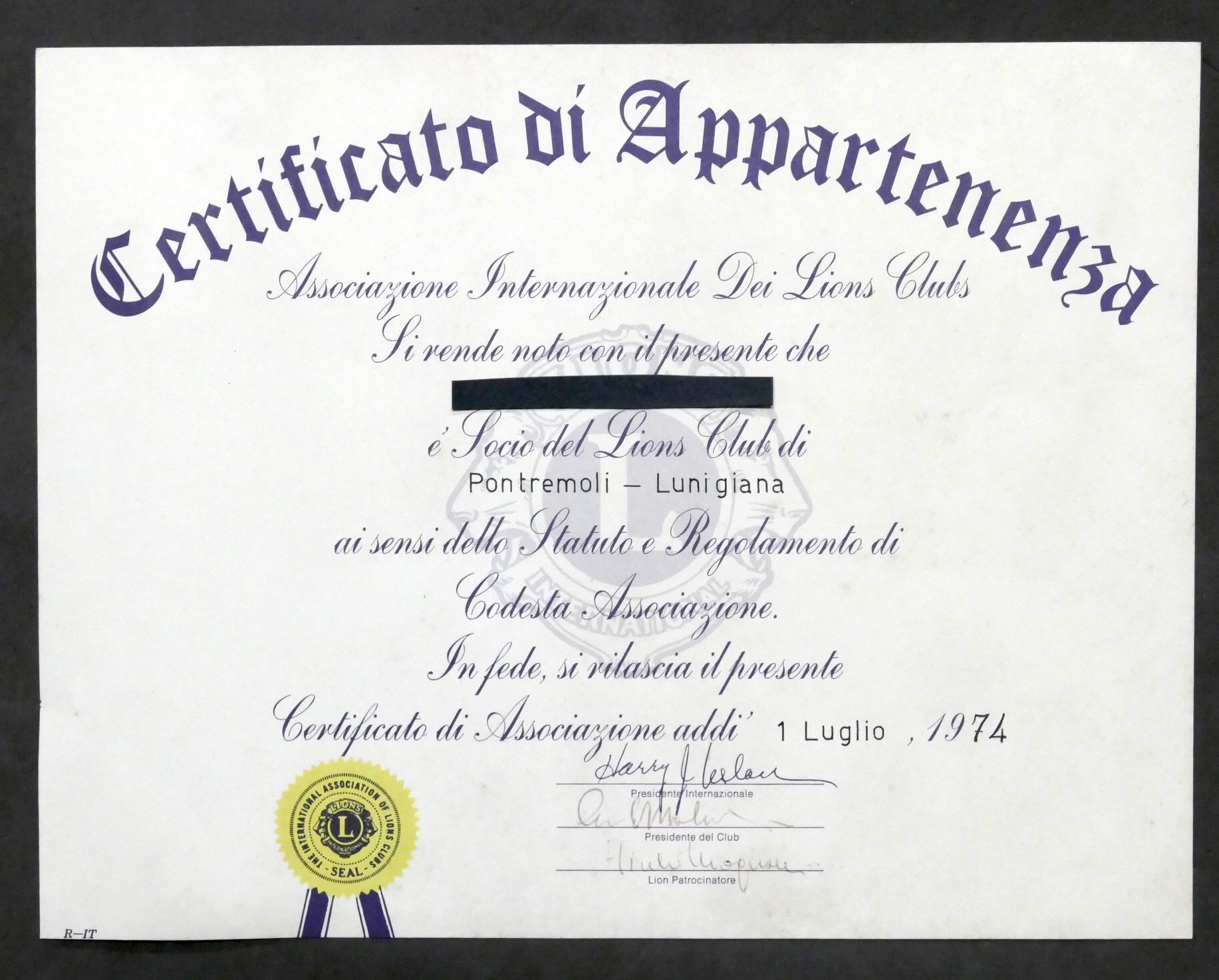 Certificato di Appartenenza Associazione Lions Club di Pontremoli Lunigiana 1974