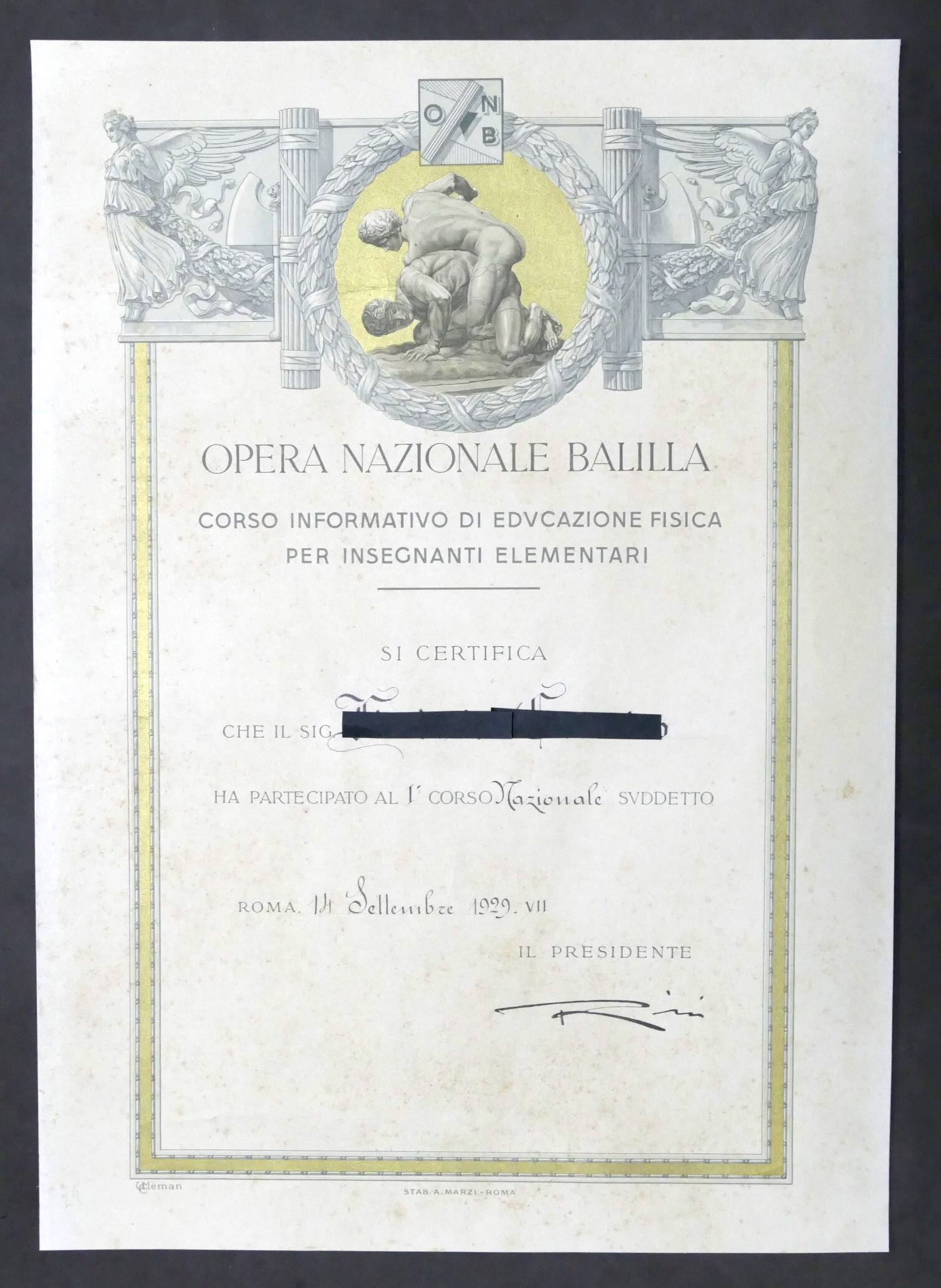 Certificato di partecipazione Corso Educazione Fisica - Opera Naz. Balilla …