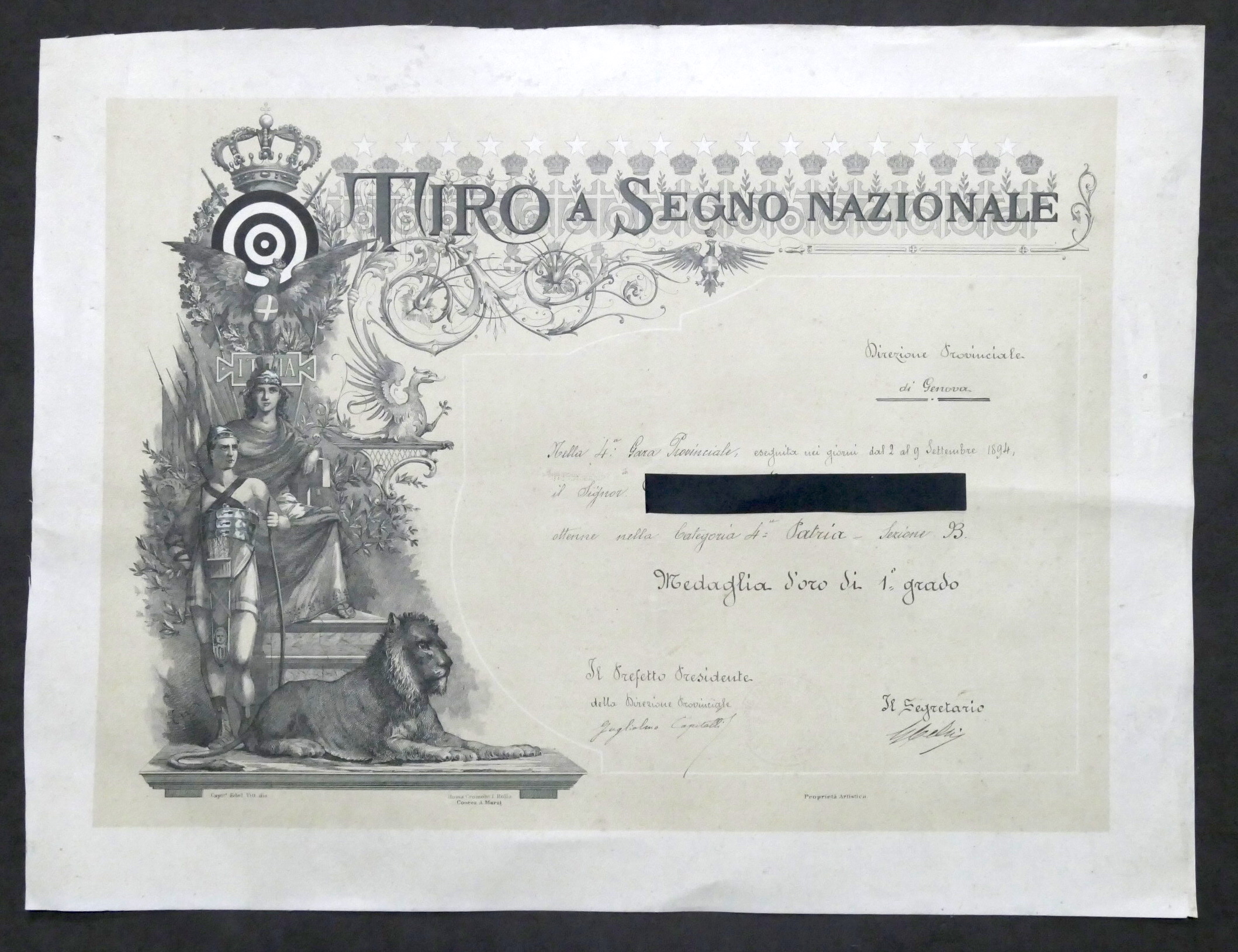 Certificato medaglia d'oro Tiro a Segno Nazionale - Gara Provinciale …