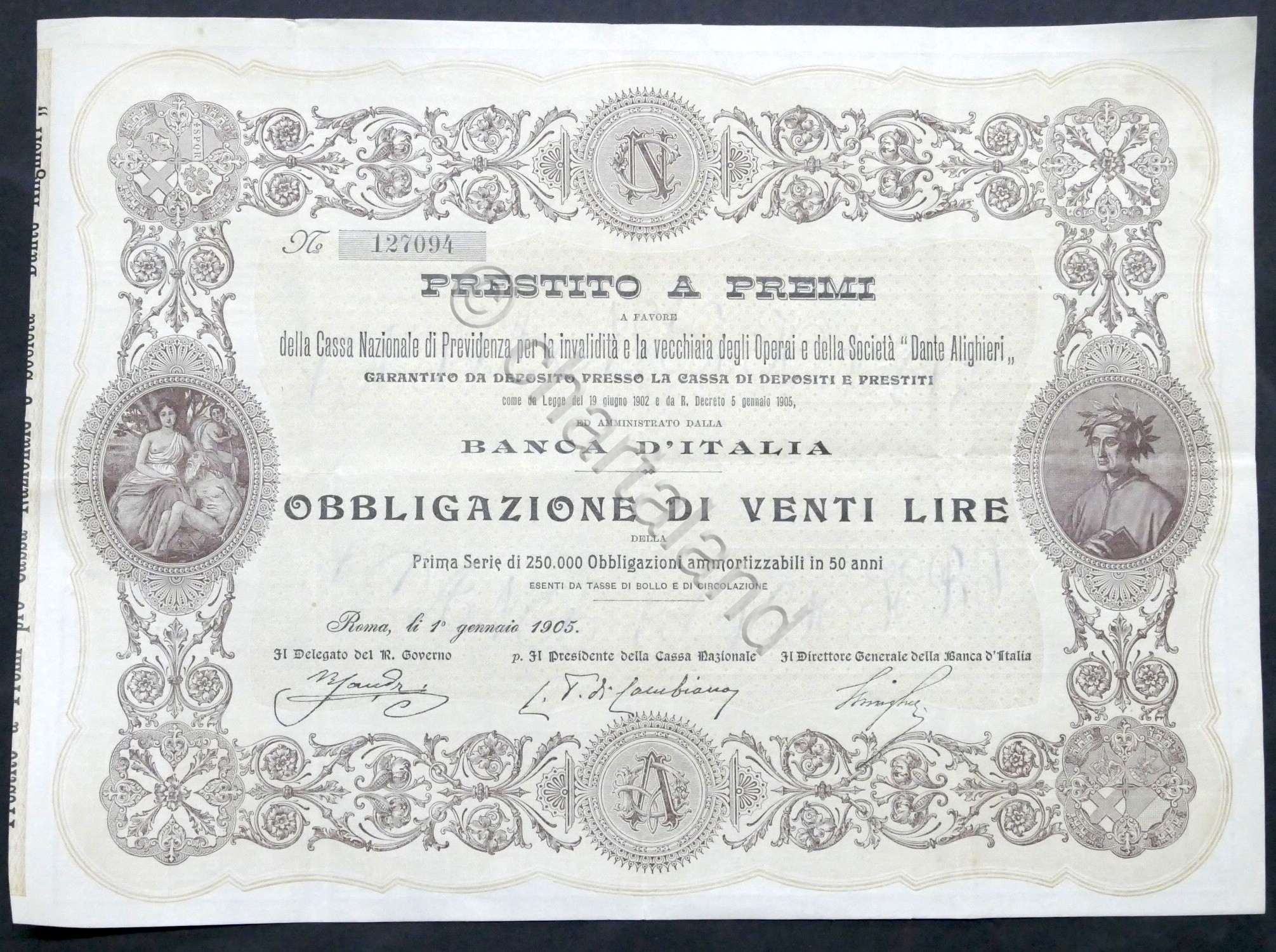 Certificato Obbligazionario Prestito a Premi - Obbligazione di Venti Lire …