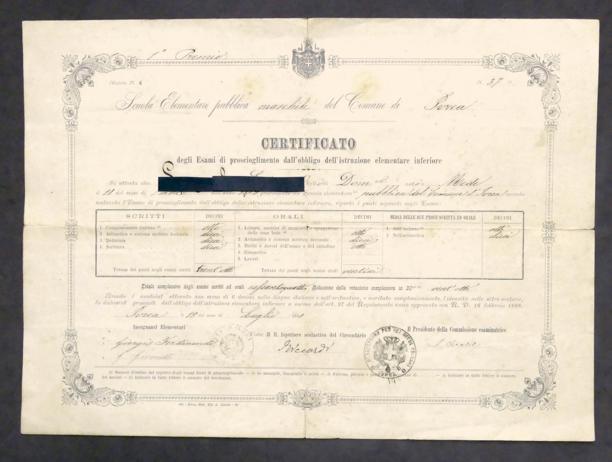 Certificato proscioglimento obbligo istruzione elementare inferiore - Ivrea 1890
