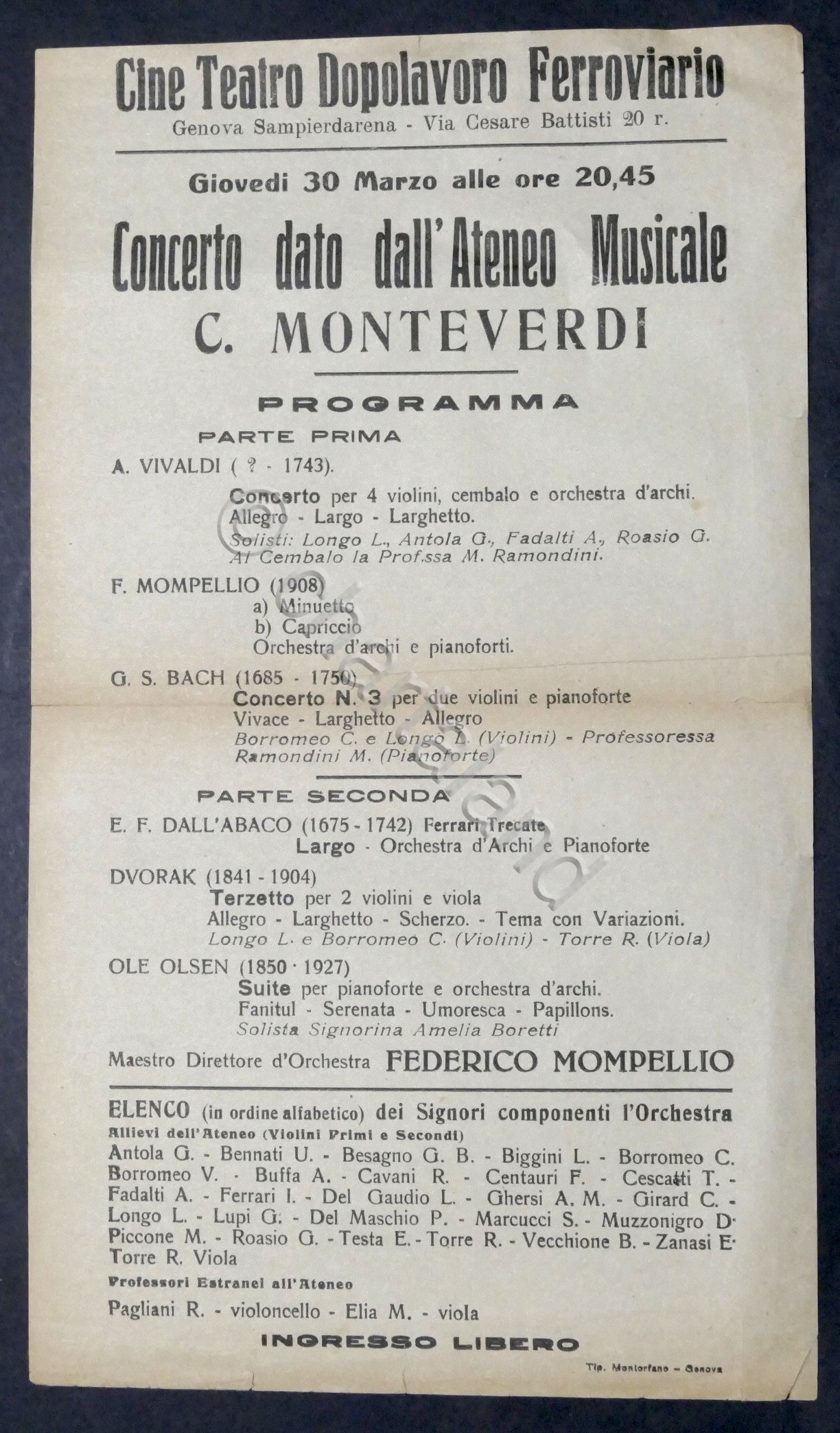 Cine Teatro Dopolavoro Ferroviario - Genova: Locandina Concerto - 1930 …