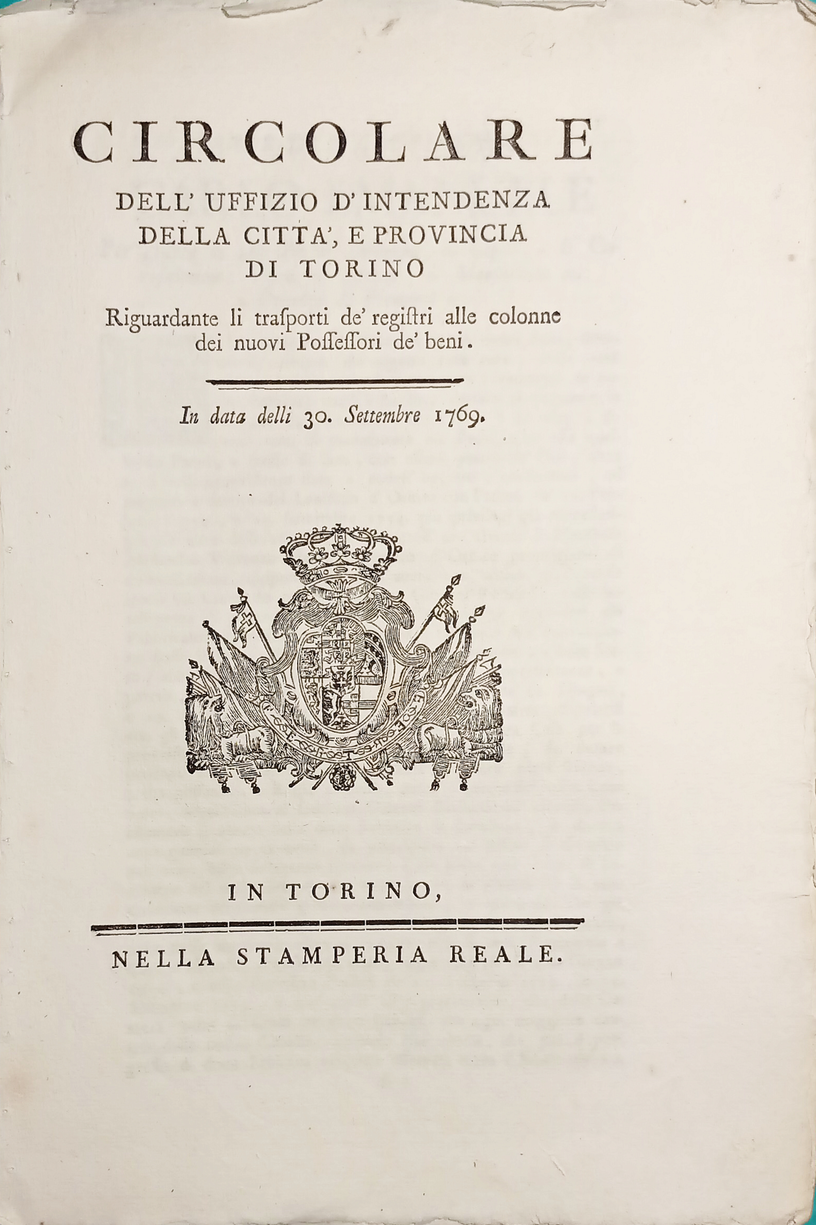 Circolare Uffizio Intendenza città di Torino per trasporti dei registri …