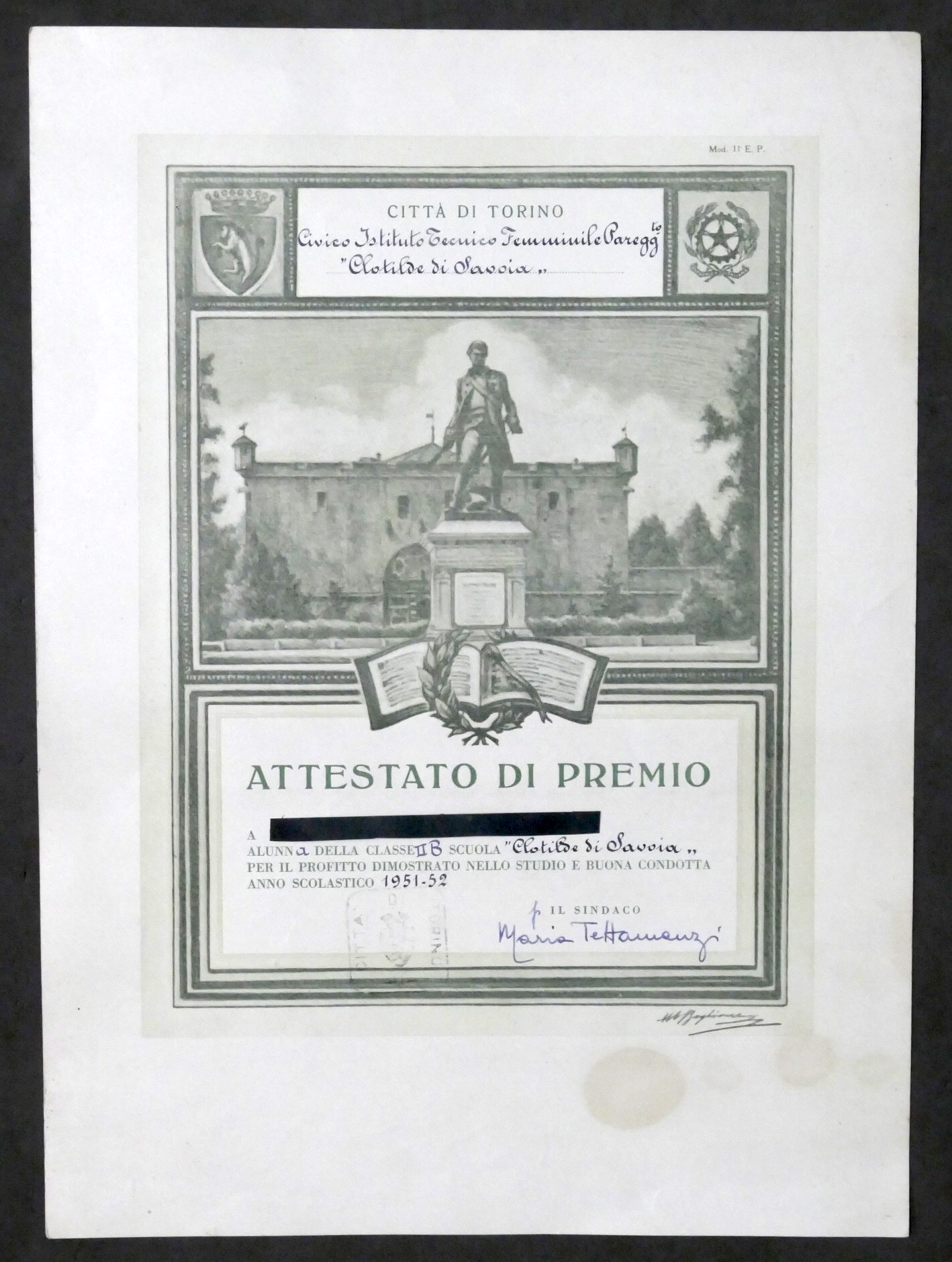 Città di Torino - Attestato di Premio alunna Scuola Clotilde …