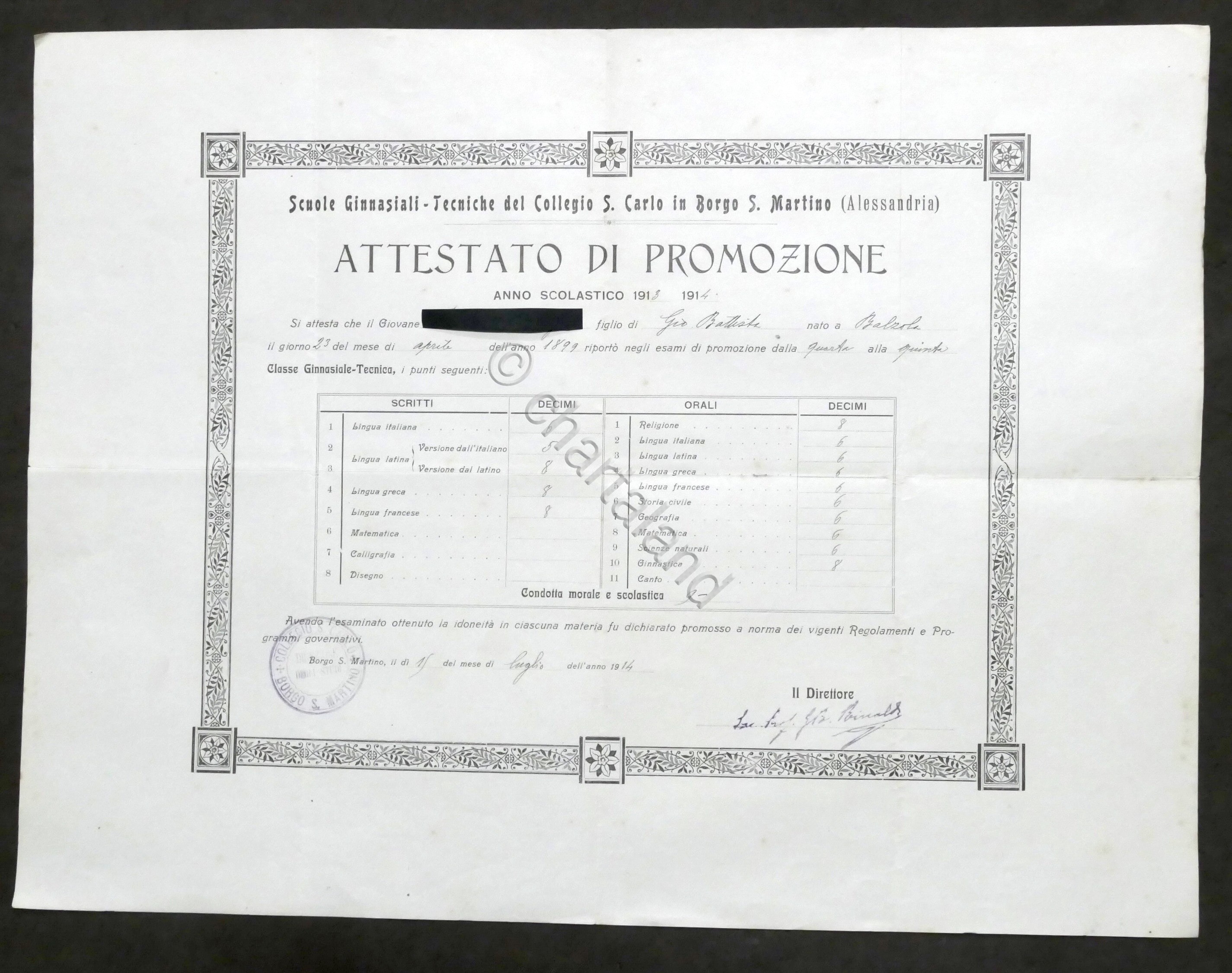 Collegio S. Carlo di Borgo S. Martino - Attestato di …