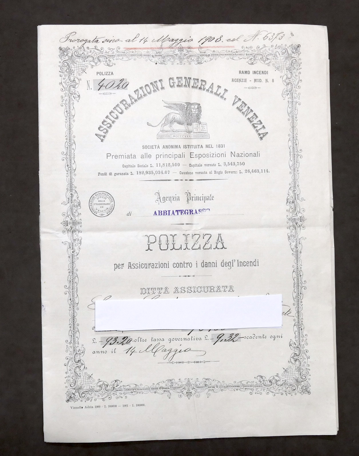 Collezionismo - Assicurazioni Generali Venezia - Polizza danni incendi - …