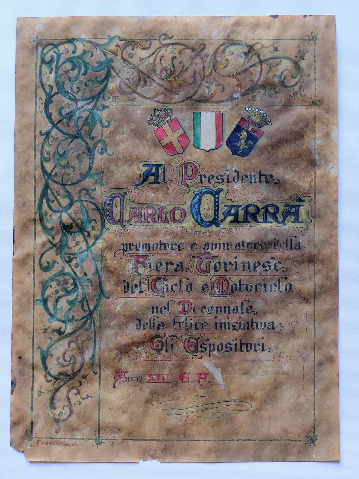 Collezionismo - Attestazione Fiera Ciclo e Motociclo al pittore Carlo …