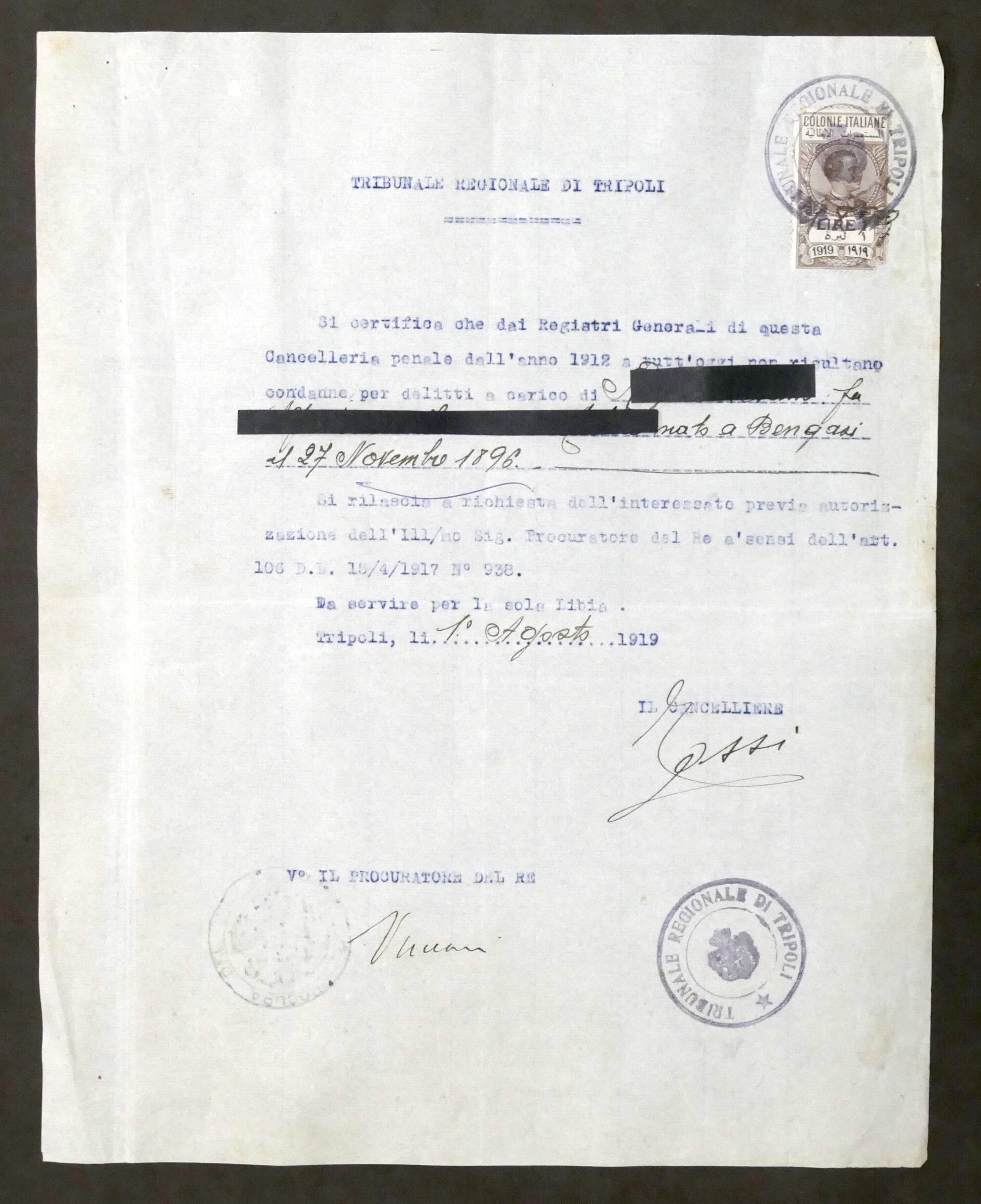 Colonialismo Tripoli - Certificato assenza condanne - 1919 Marca da …