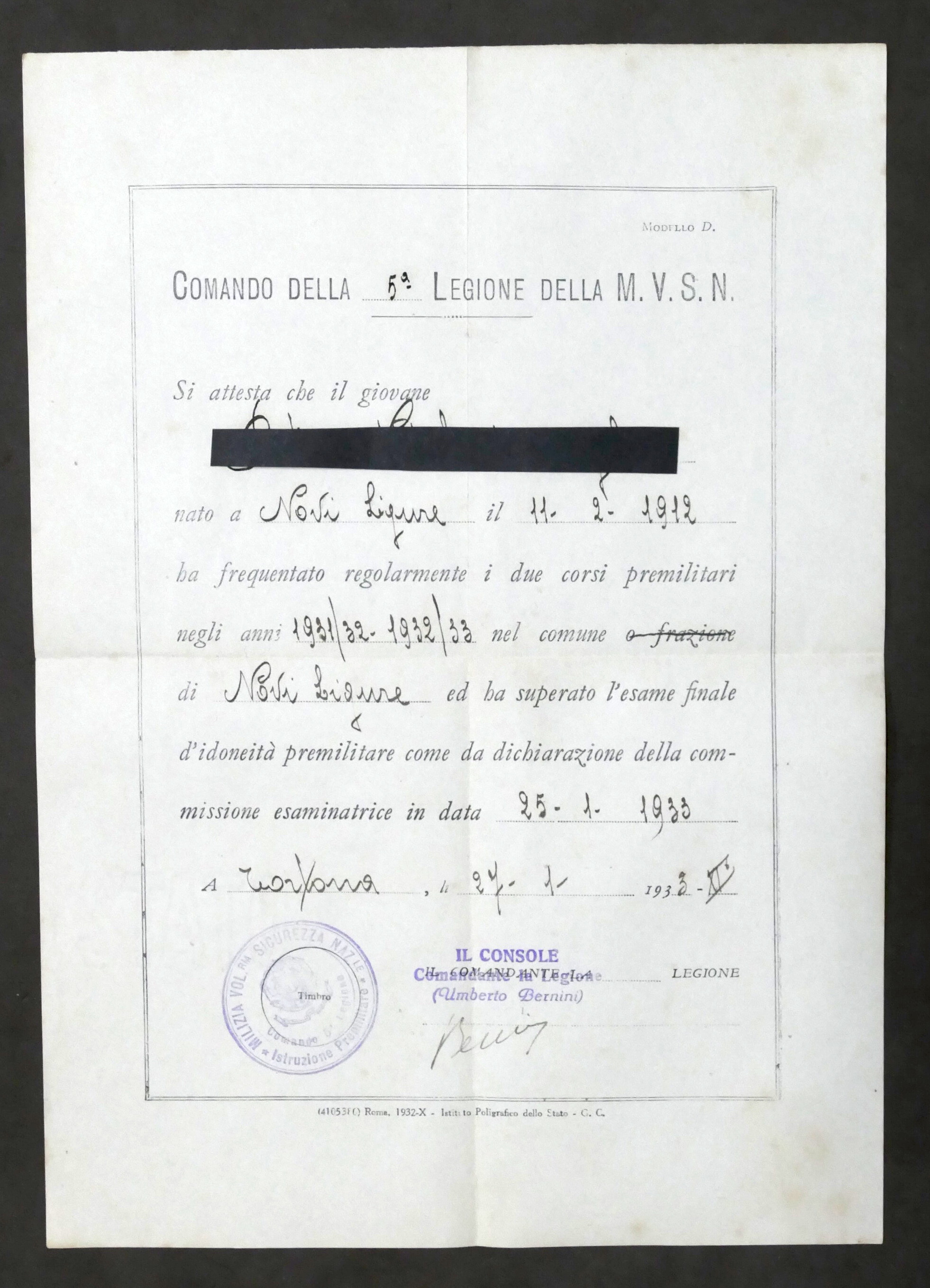 Comando 5^ Legione M.V.S.N. - Attestato corsi premilitari - Novi …