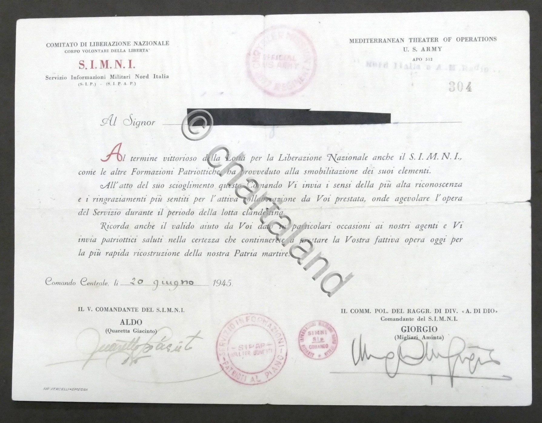Comitato di Liberazione Nazionale - Certificato di Collaborazione - 1945