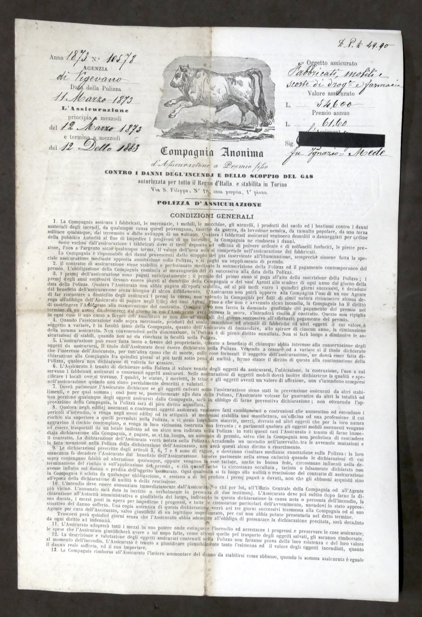 Compagnia Anonima di Assicurazione - Polizza contro incendi - Vigevano …