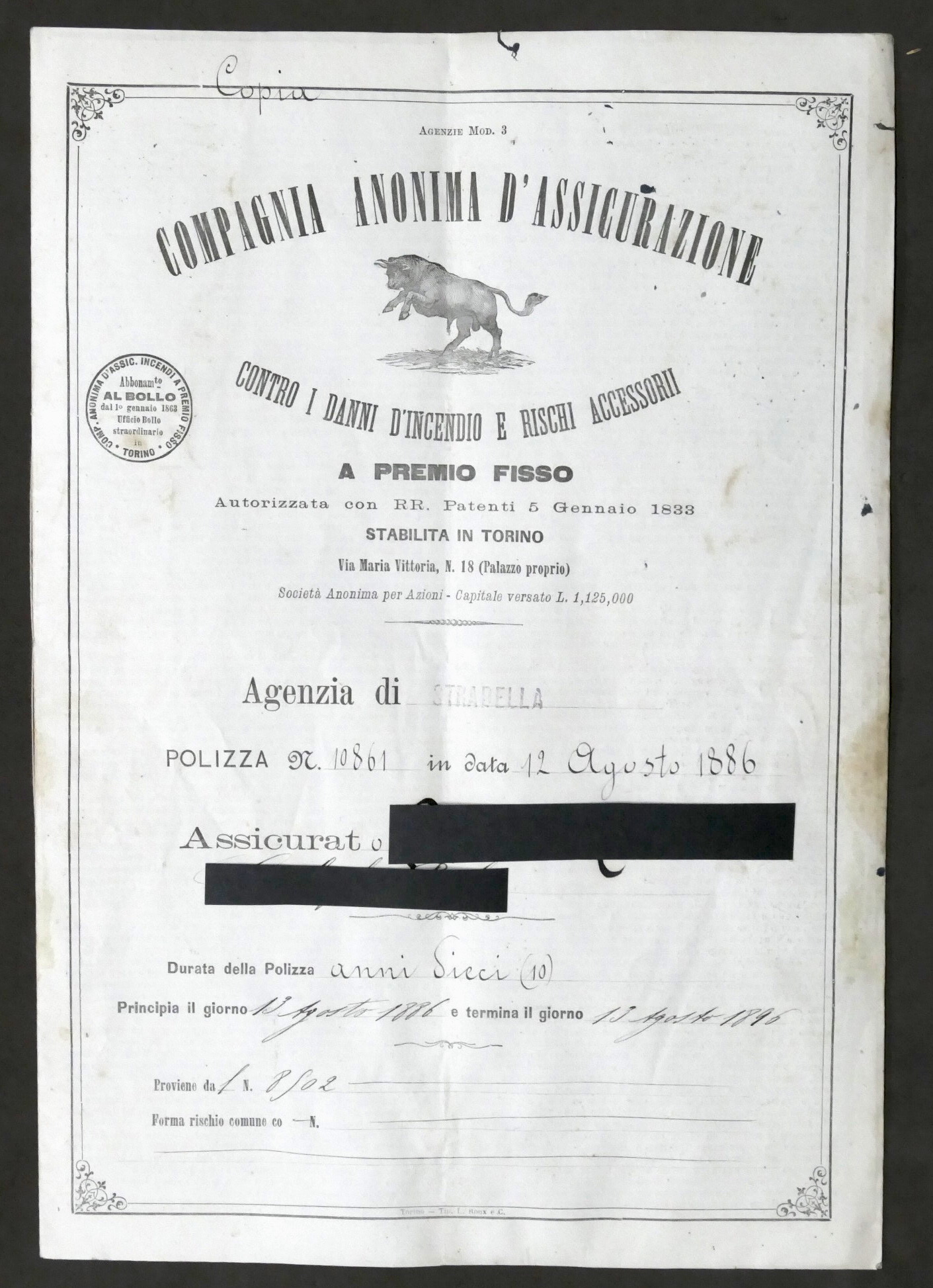 Compagnia Anonima di Assicurazione Polizza contro danni incendio Stradella 1886