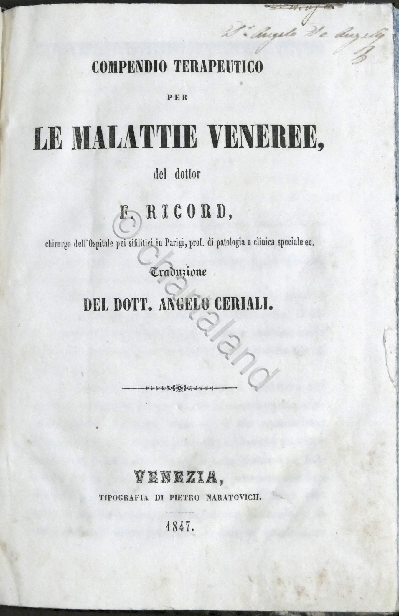 Compendio terapeutico per le malattie veneree del dottor F. Ricord …