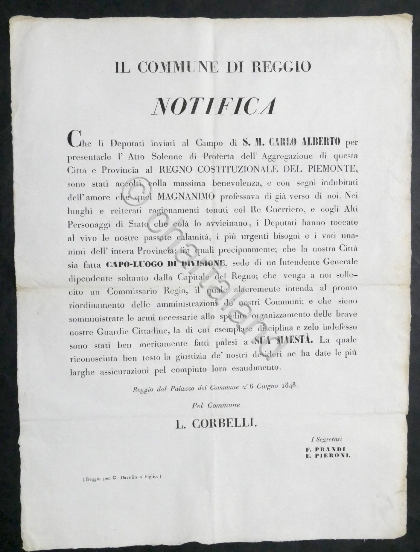 Comune di Reggio - Notifica richieste dopo unione al Regno …