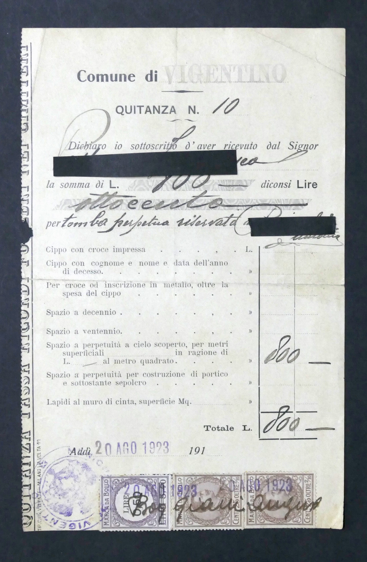 Comune di Vigentino (Milano) - Quietanza di Pagamento per tomba …